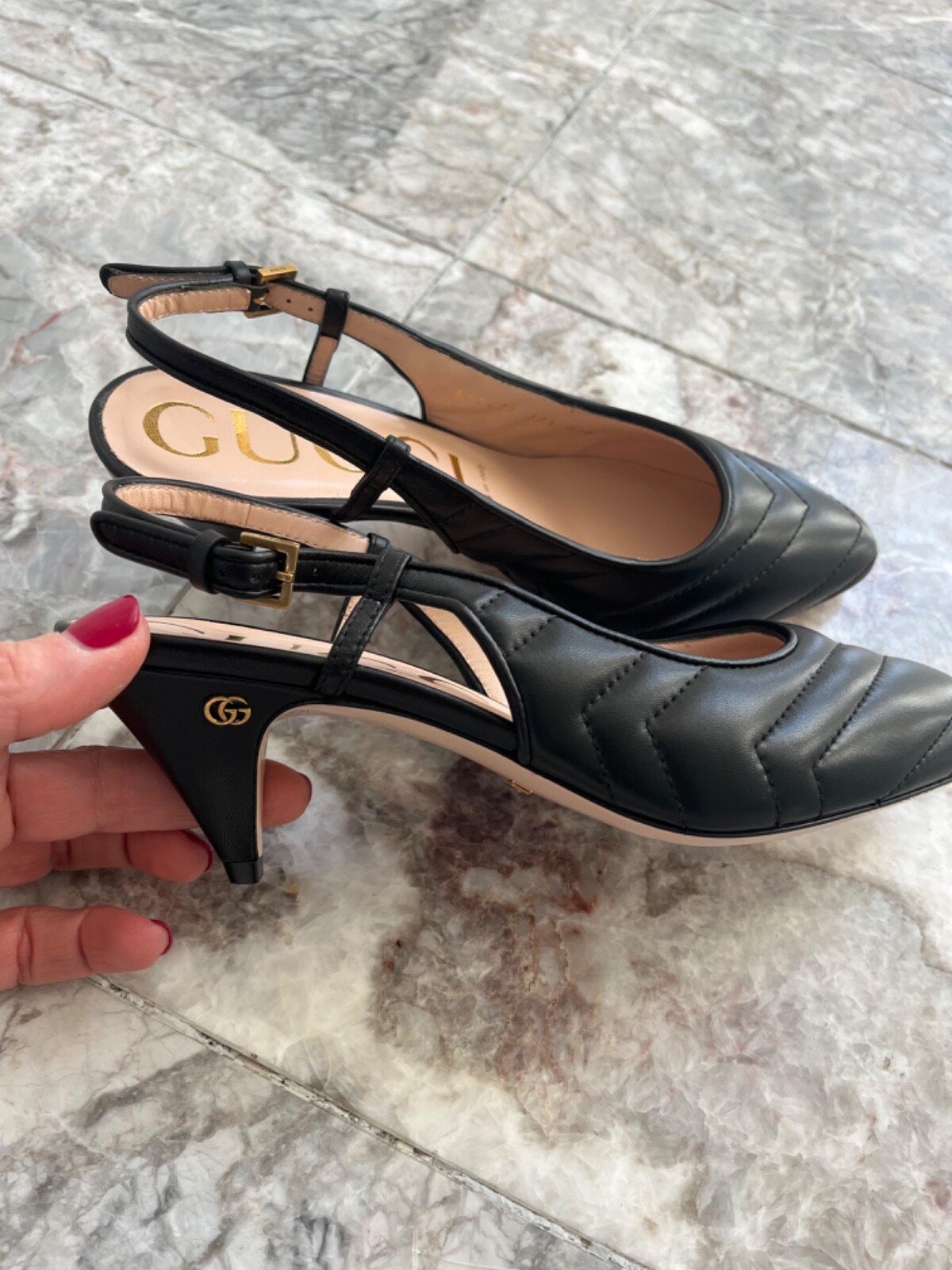 NIB GUCCI Matelasse Leather Kitten heeled Slingback 7.5