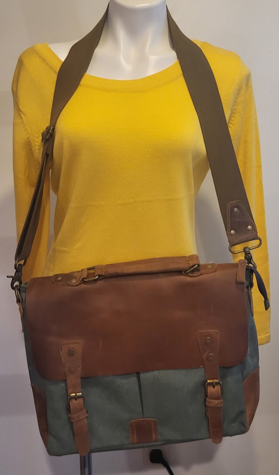 Ecosusi Green Canvas Brown Leather Messenger Bag Laptop