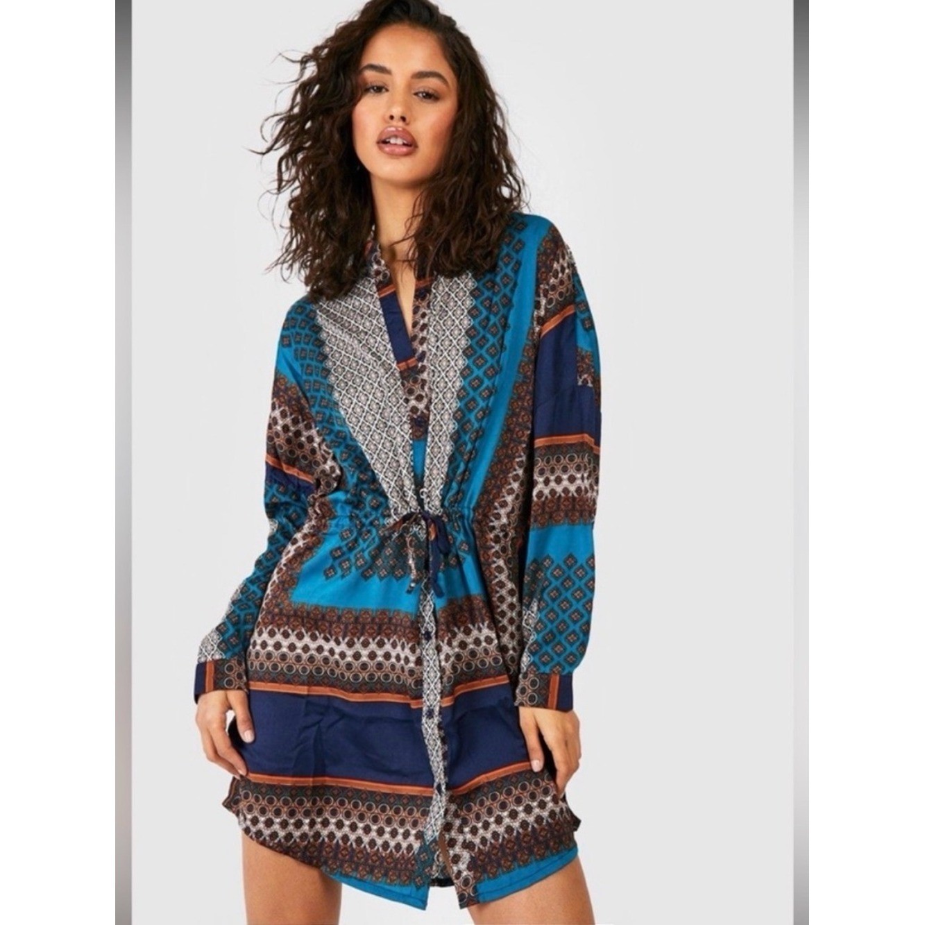 Boohoo NWT Teal, Navy & Gold-Trim Paisley Shirt Kimono Dress