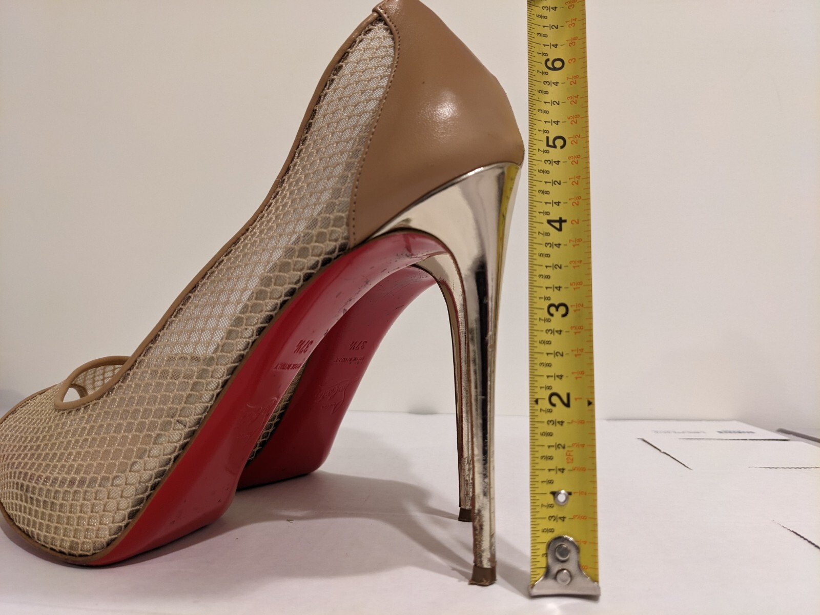 Christian Louboutin 37.5 Nude Very Rete 115mm Red Sole Mesh Fishnet Pumps