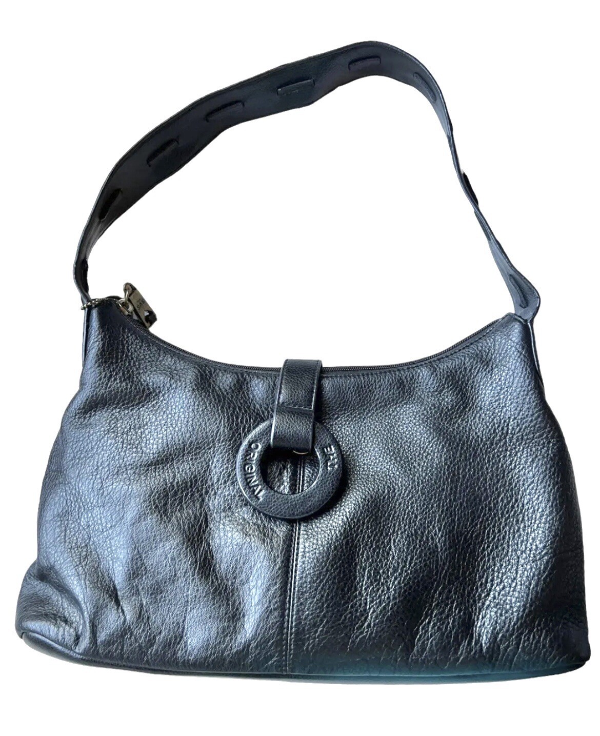 The Sak Handbag Logo Stitched Black Leather Zippered Pocket 10” Drop Handle