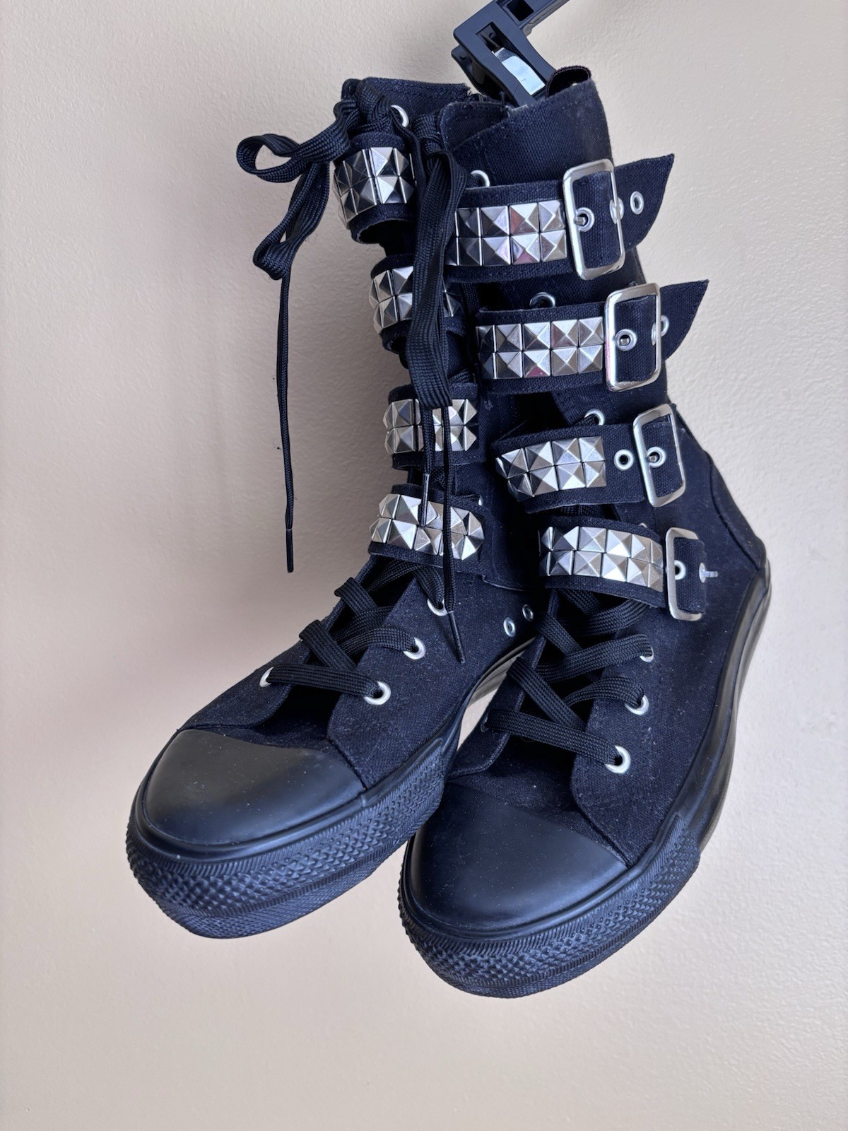 Demonia Unisex Combat Boots US 7 Black Fabric Studded Lace-Up Side Zip Mid-Calf