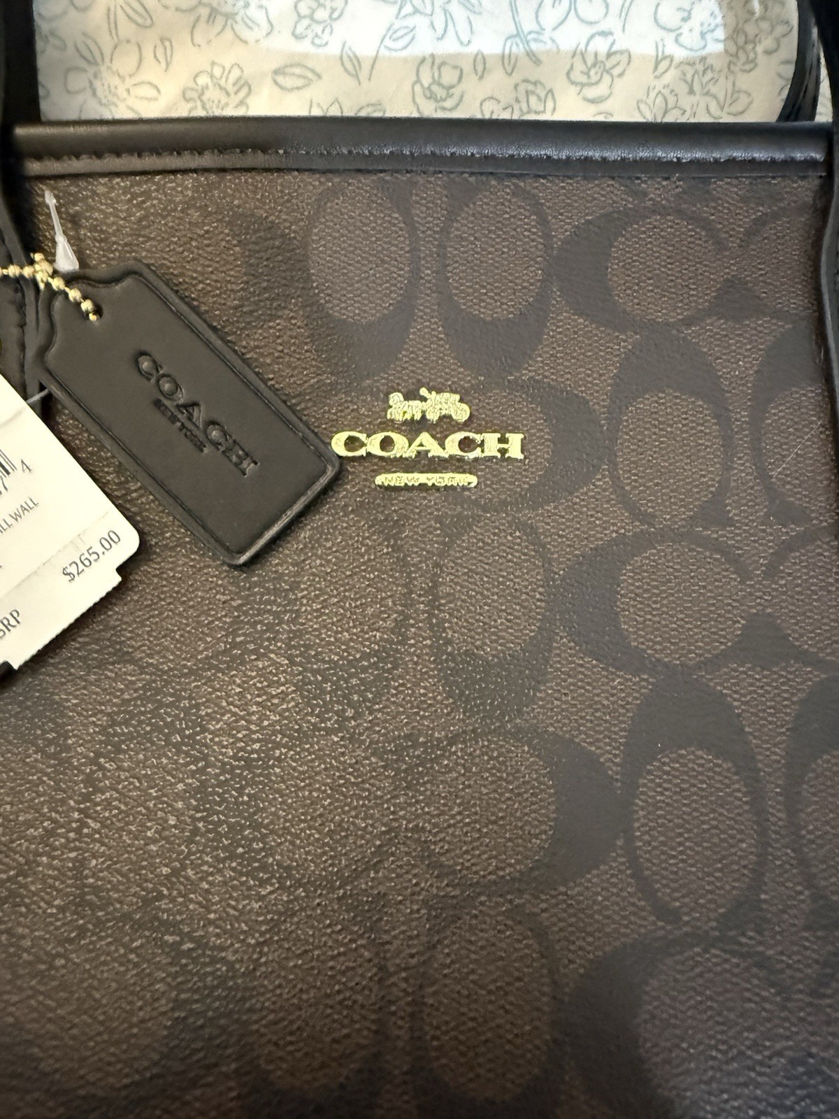 Coach Signature Logo Zip Top Tote Large Brown/Black Gold Hardware Brand Card