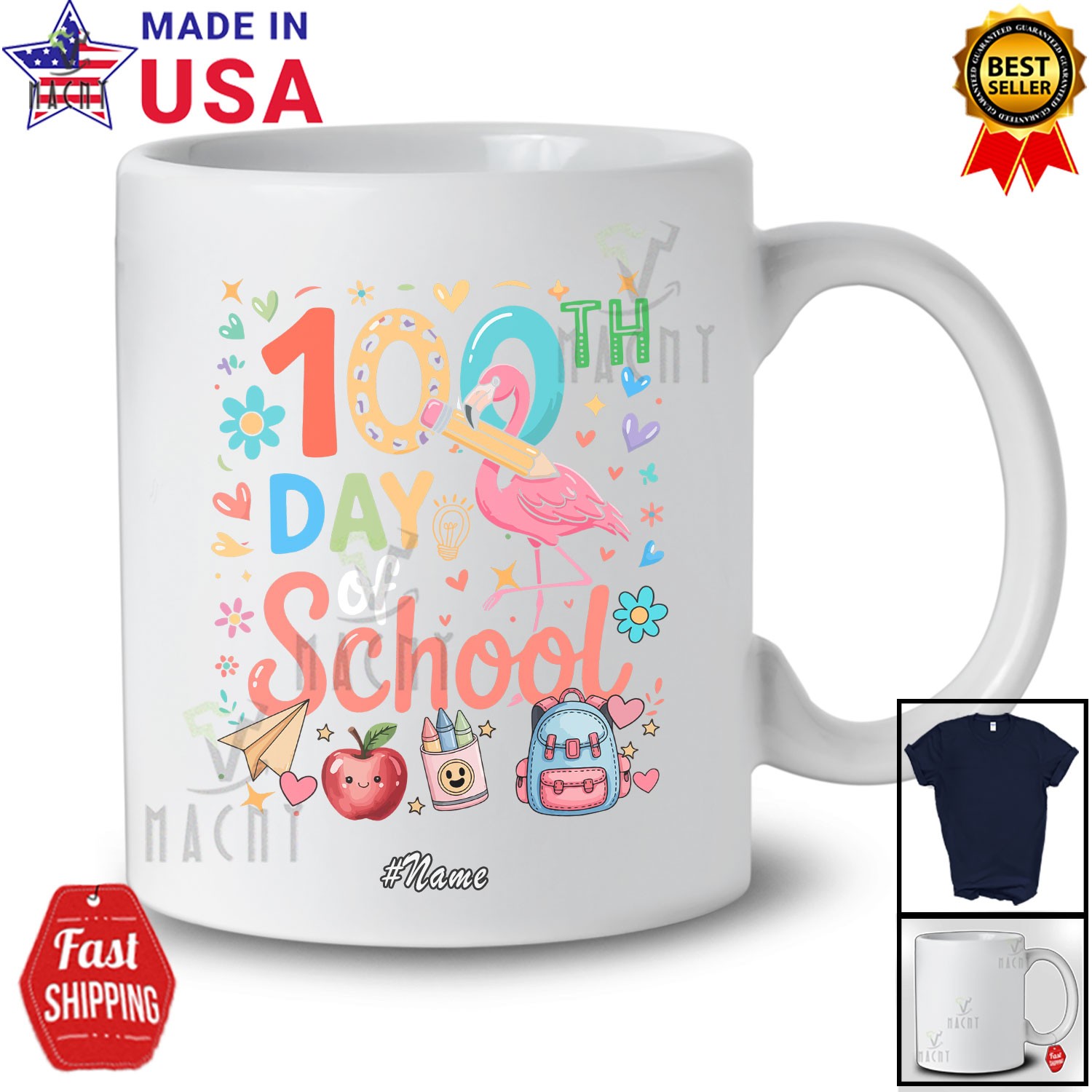 Custom Name 100th Day Of School; Adorable Flamingo Pencil Teacher Students Shirt