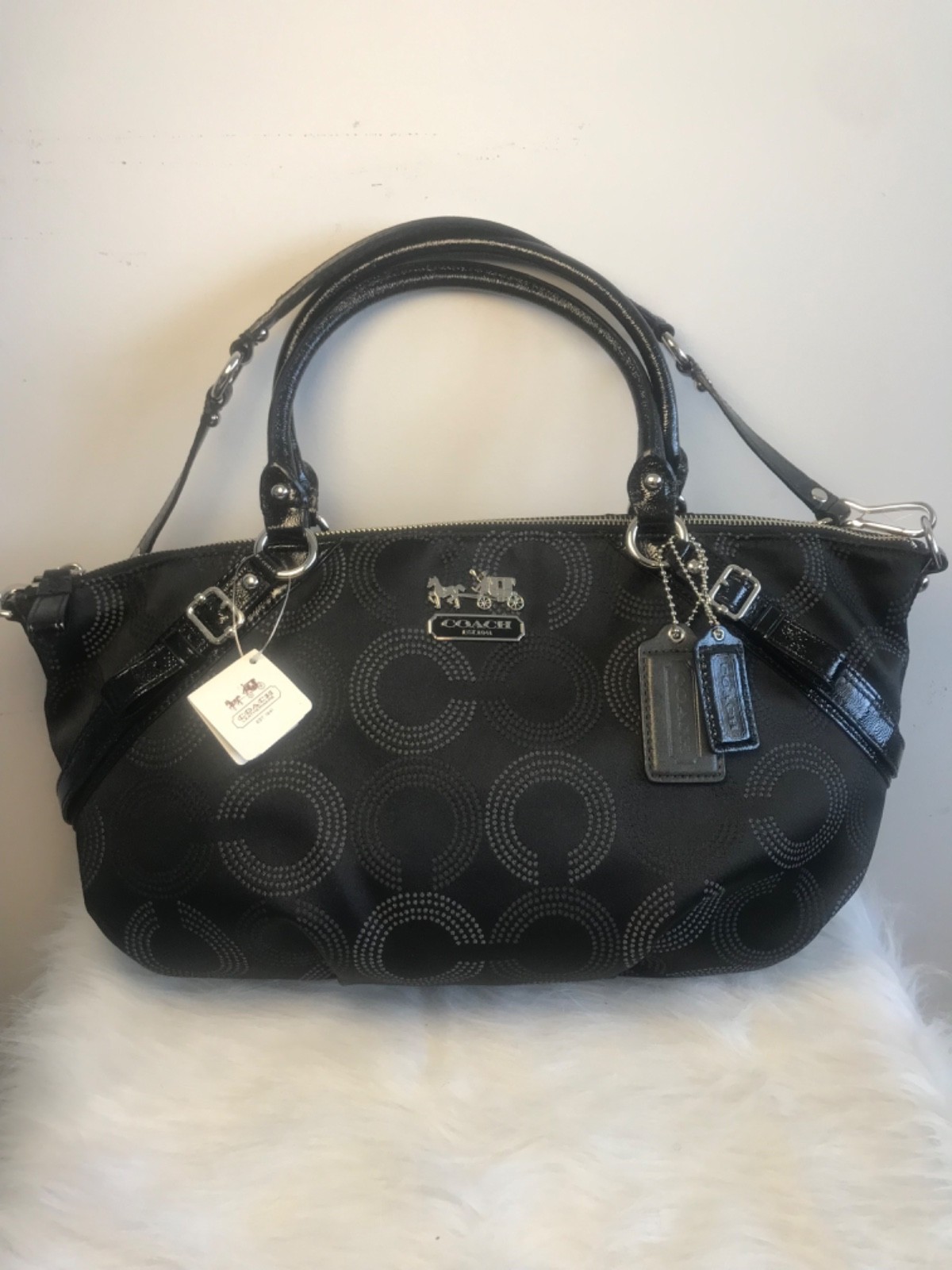 Coach Madison Sophia Satchel 18650 Black Op Art Sateen Patent Leather Handbag