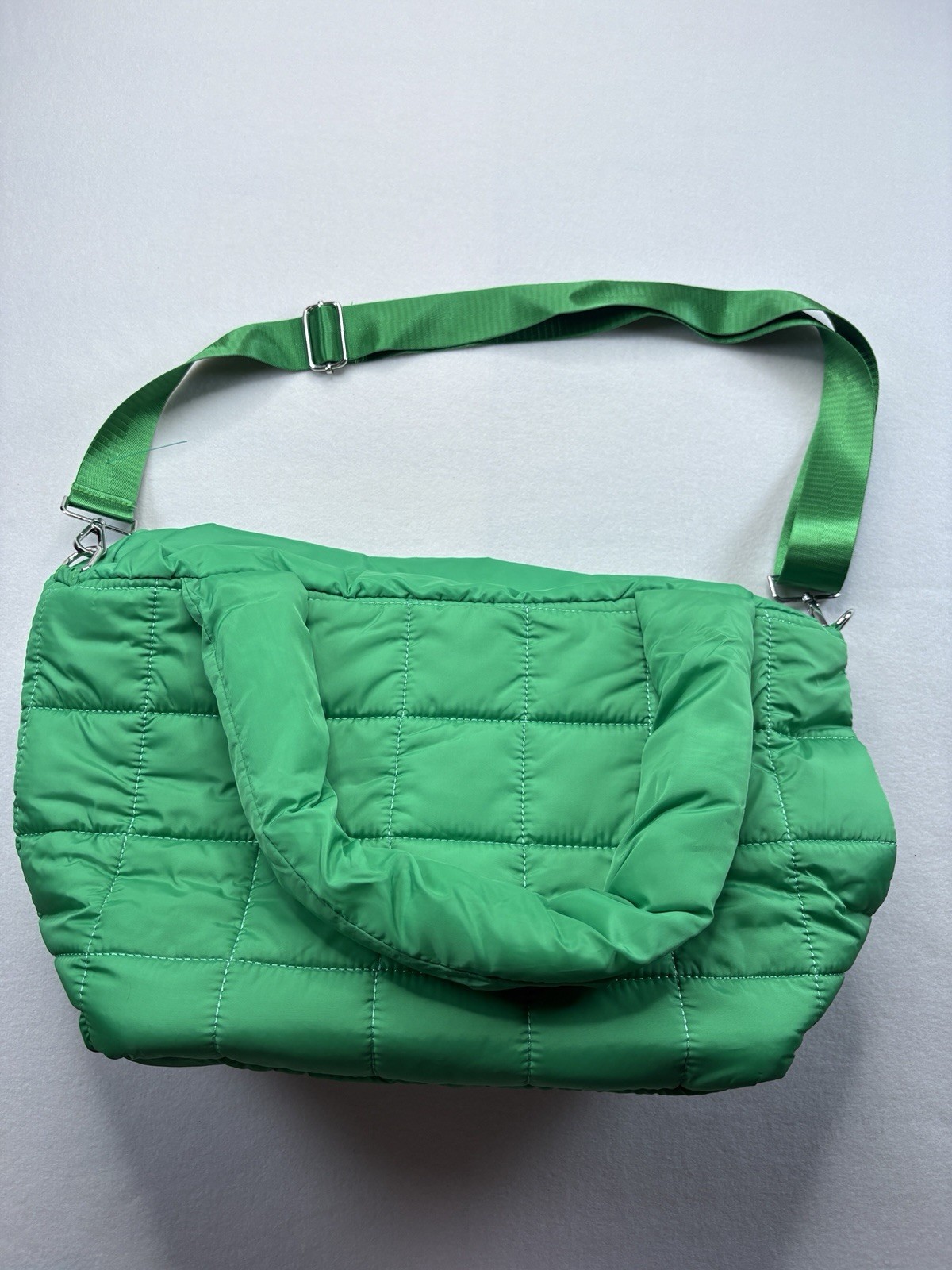 Green Quilted Puffer Shoulder Bag, Top Handle, Zip Closure, Detachable Strap