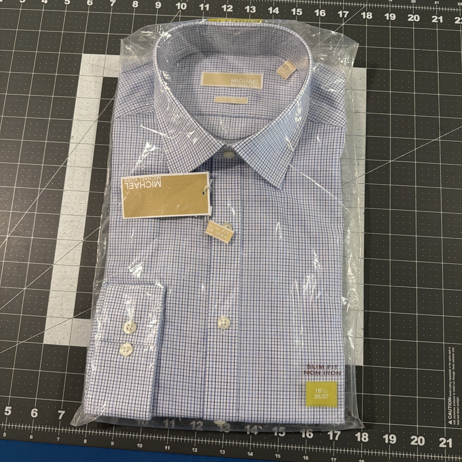 Michael Kors Dress Shirt Mens 16 1/2 36/37 Blue/White Check Slim Fit – New