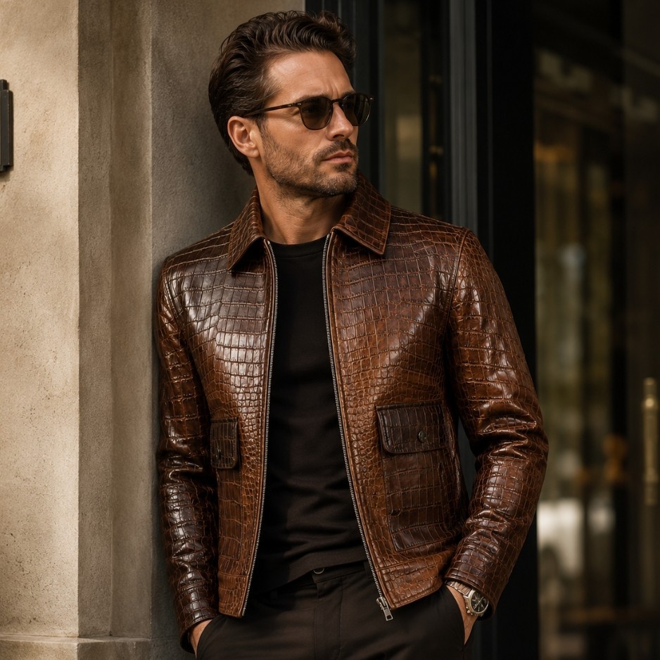 Mens Brown Real Leather Crocodile Pattern Genuine Casual Jacket Alligator Print