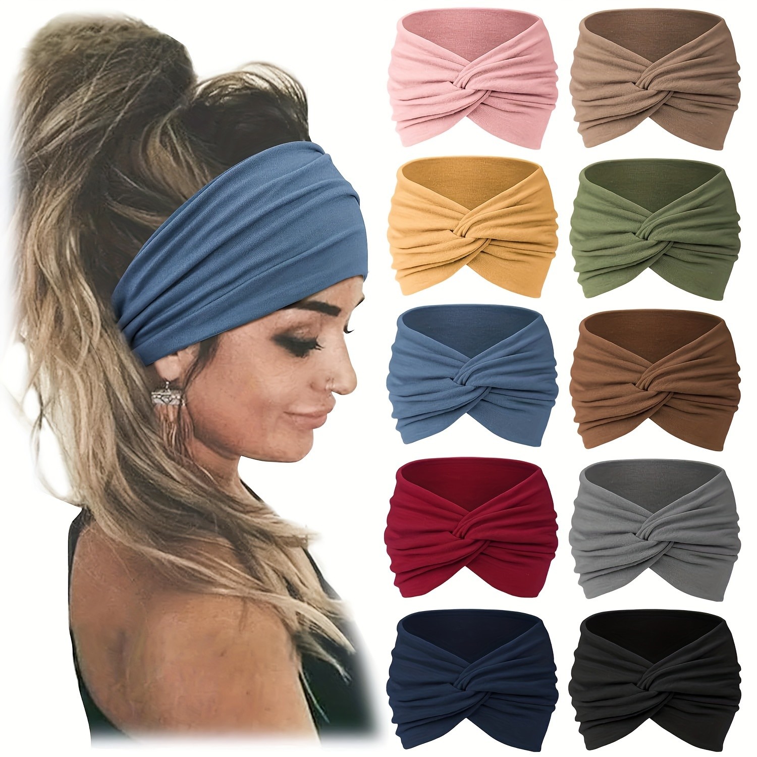 10P Twist Knot Headbands Women Stretchy Soft Turban Headbands for Daily Workout