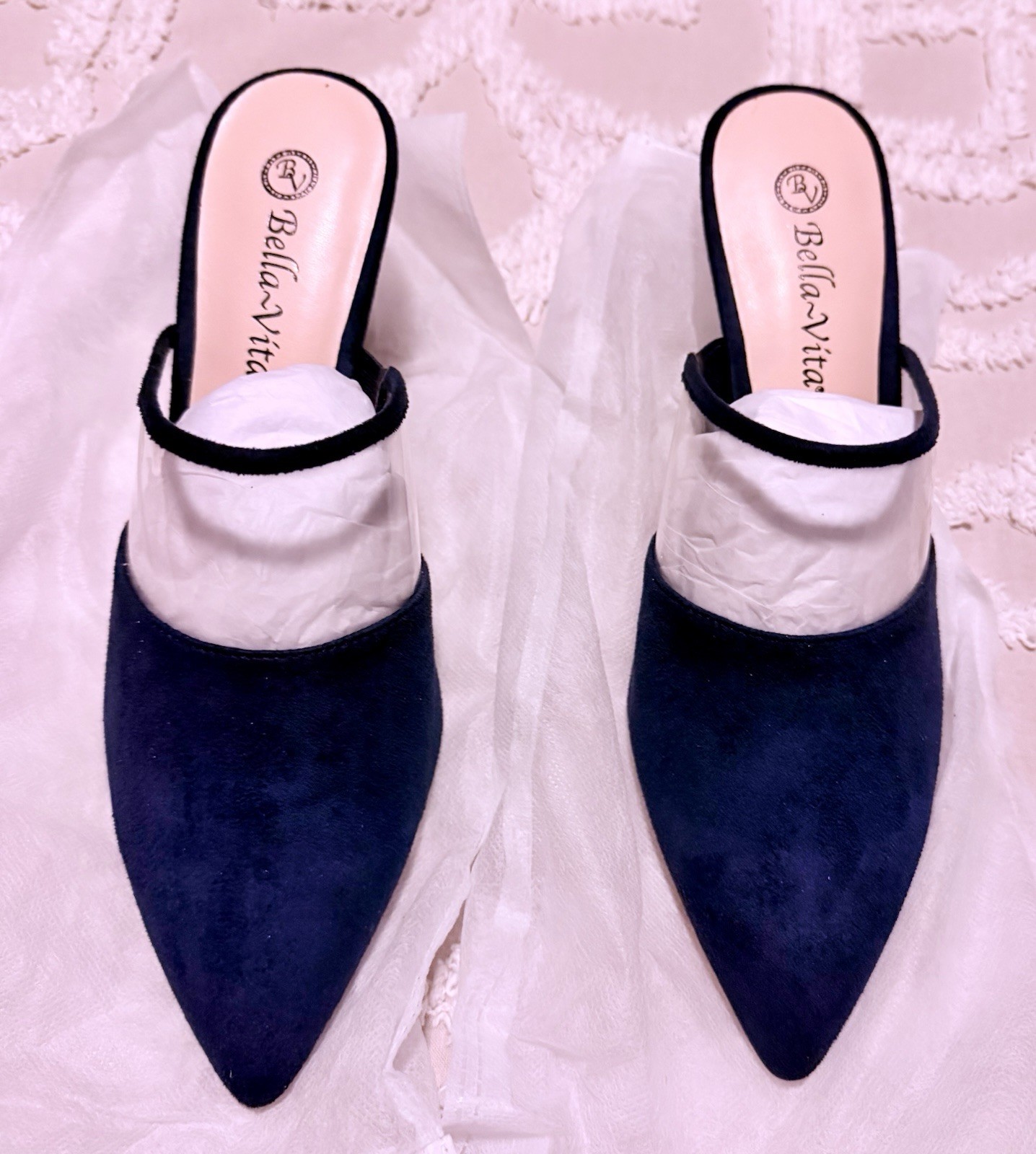 Bella-Vita BLAKELY II – Navy Blue Velvet/Suede Mules – Size 9.5WW Extra Wide NIB