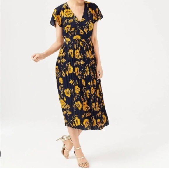 J. Crew Factory Flower Printed Pleated MIDI Short Sleeve Dress