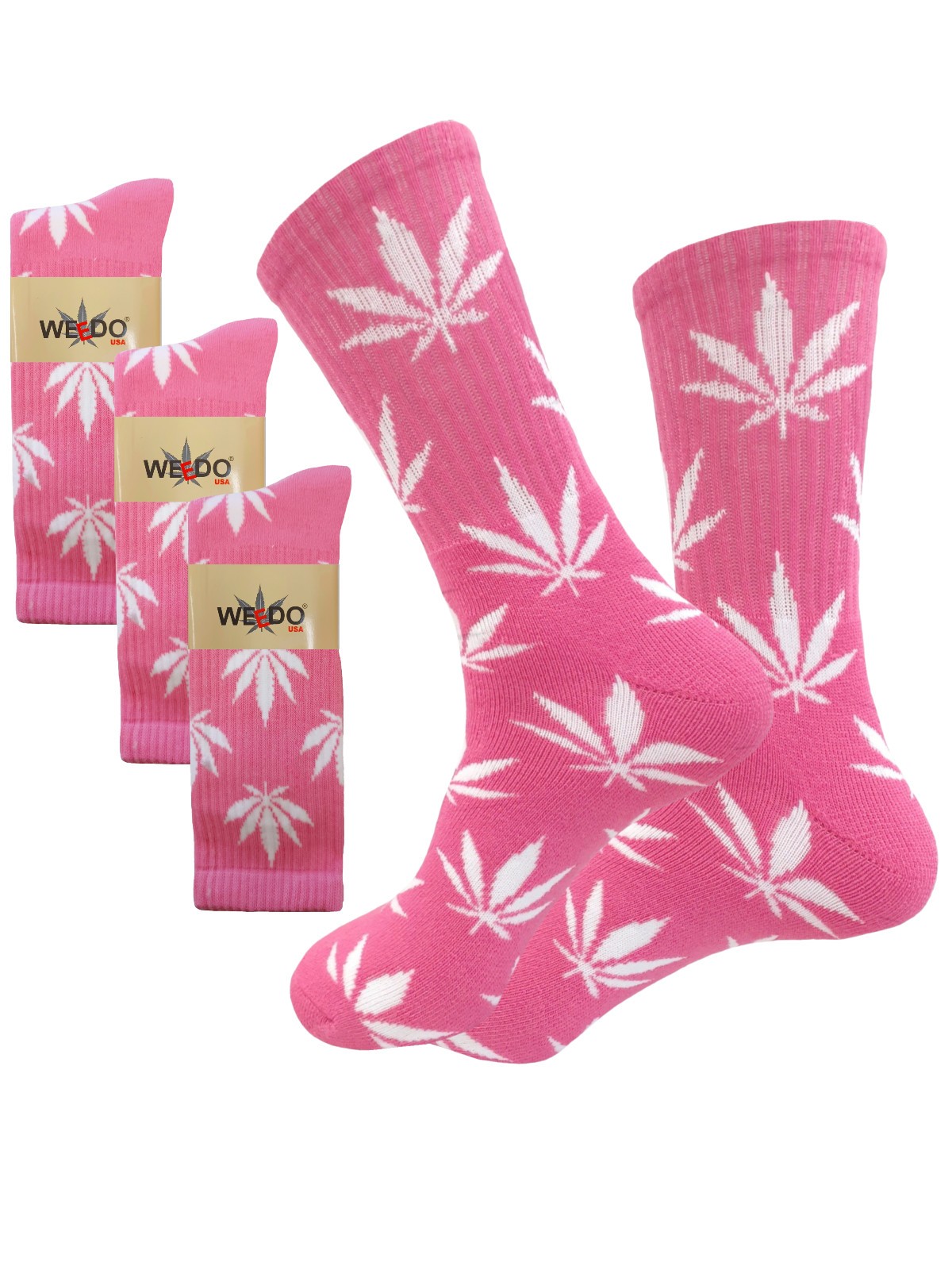 3 PK LONG WEED SOCKS LEAF CANNABIS SIZE 10-13 PINK WHITE TRUE TO SIZE (51)