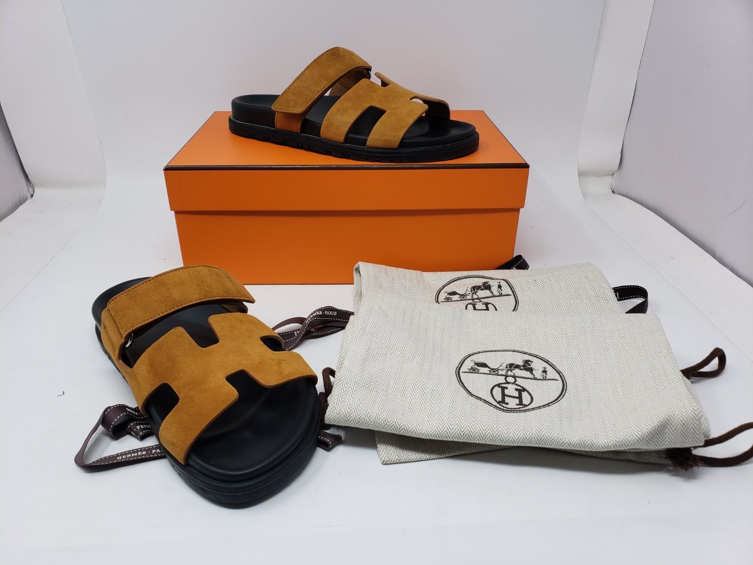 Hermes Chypre Sandals Camel Tan Size 37.5 / US 7 Adjustable w/ Box Dust Bag
