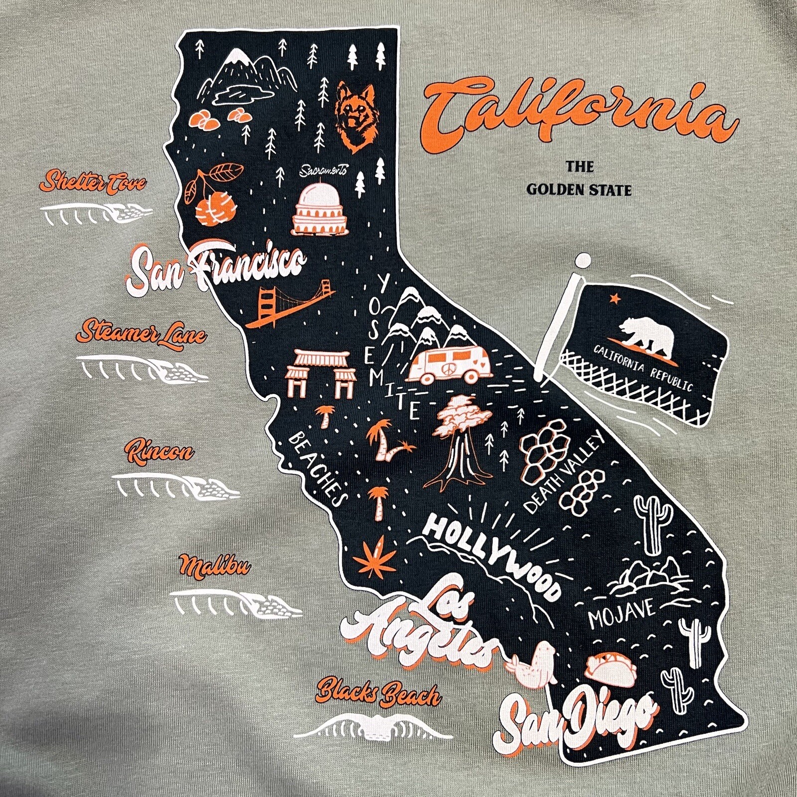 NWT Sun Diego Cali Map Medium Green California Beach Fun Graphic T-shirt