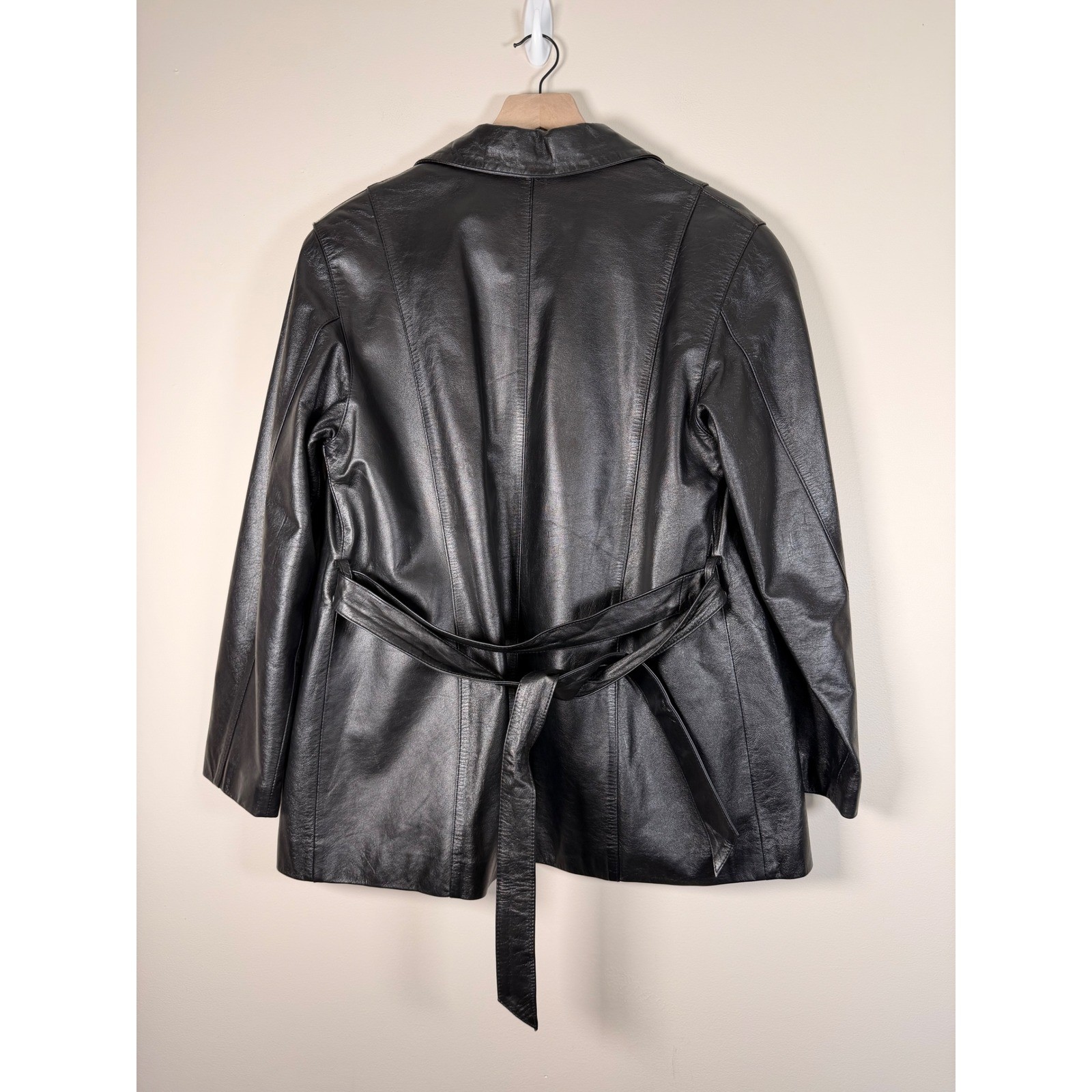 GIANT Black Leather Jacket Belted Collar Button Front Size M