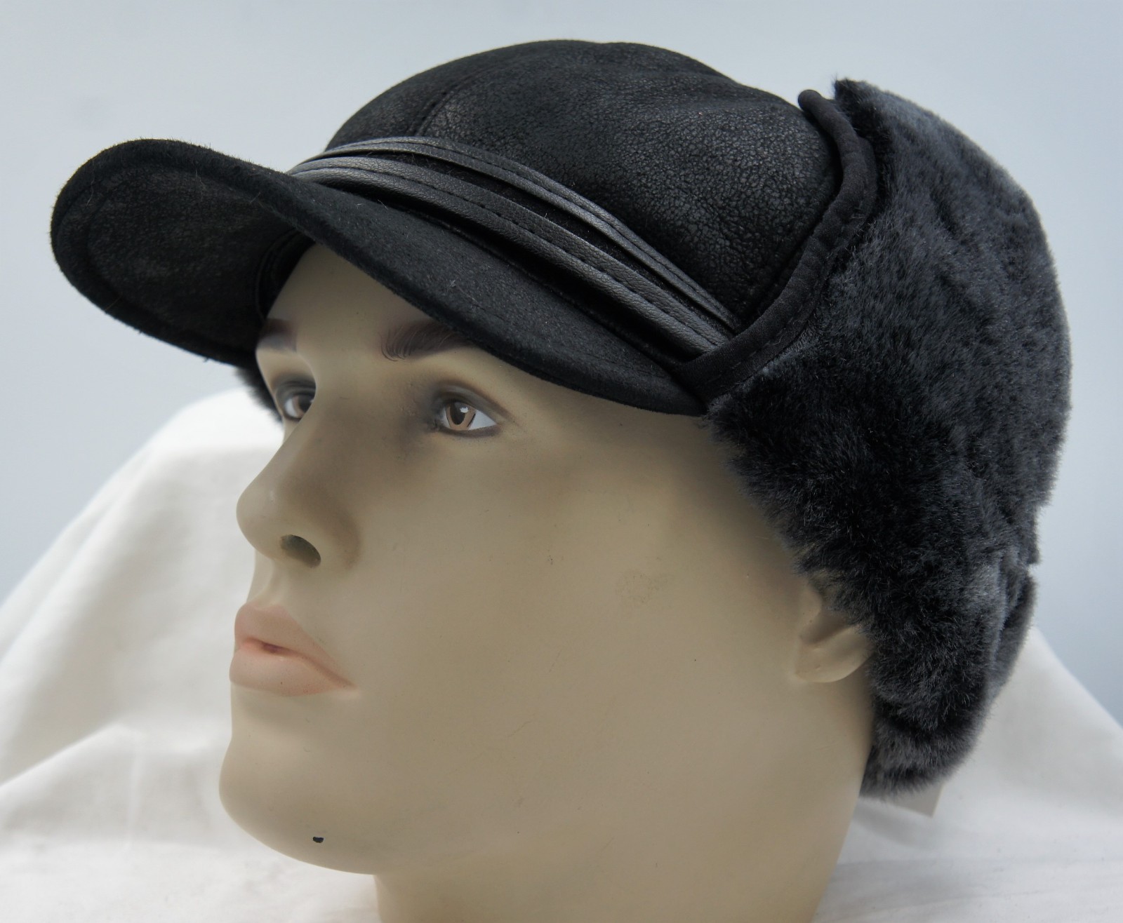 REAL SHEEPSKIN SHEARLING LEATHER Winter Aviator Hat Trapper Pilot S-3XL, BLACK