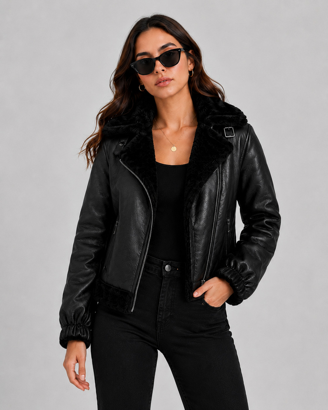 Women’s Black Faux Shearling Leather Jacket – Aviator Biker Winter Coat