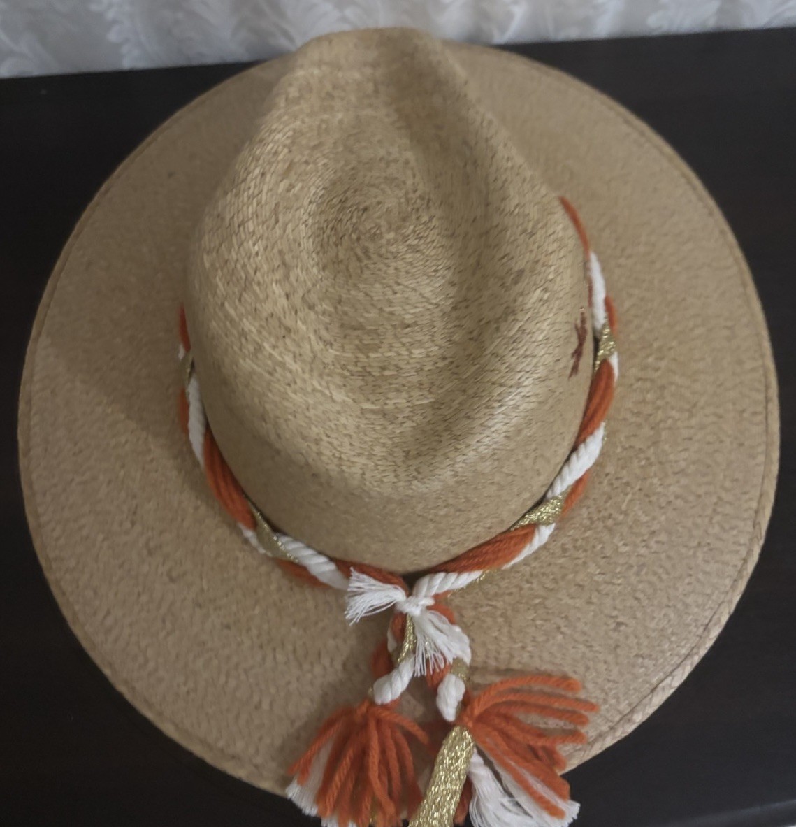 Baldiz Straw Fedora Wide Brim Hat Beige/Orange/White Tassel Accent, One Size