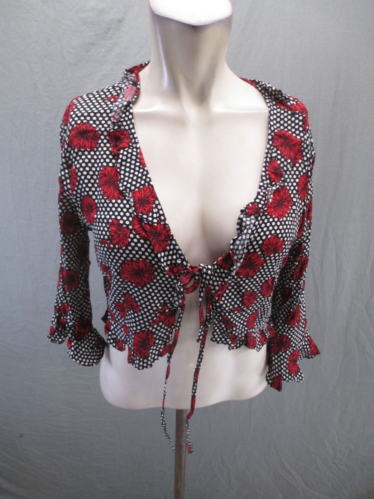 Forever 21 Size M Women Multicolor Floral Front Tie 3/4 Neck Ruffle Crop Top 861