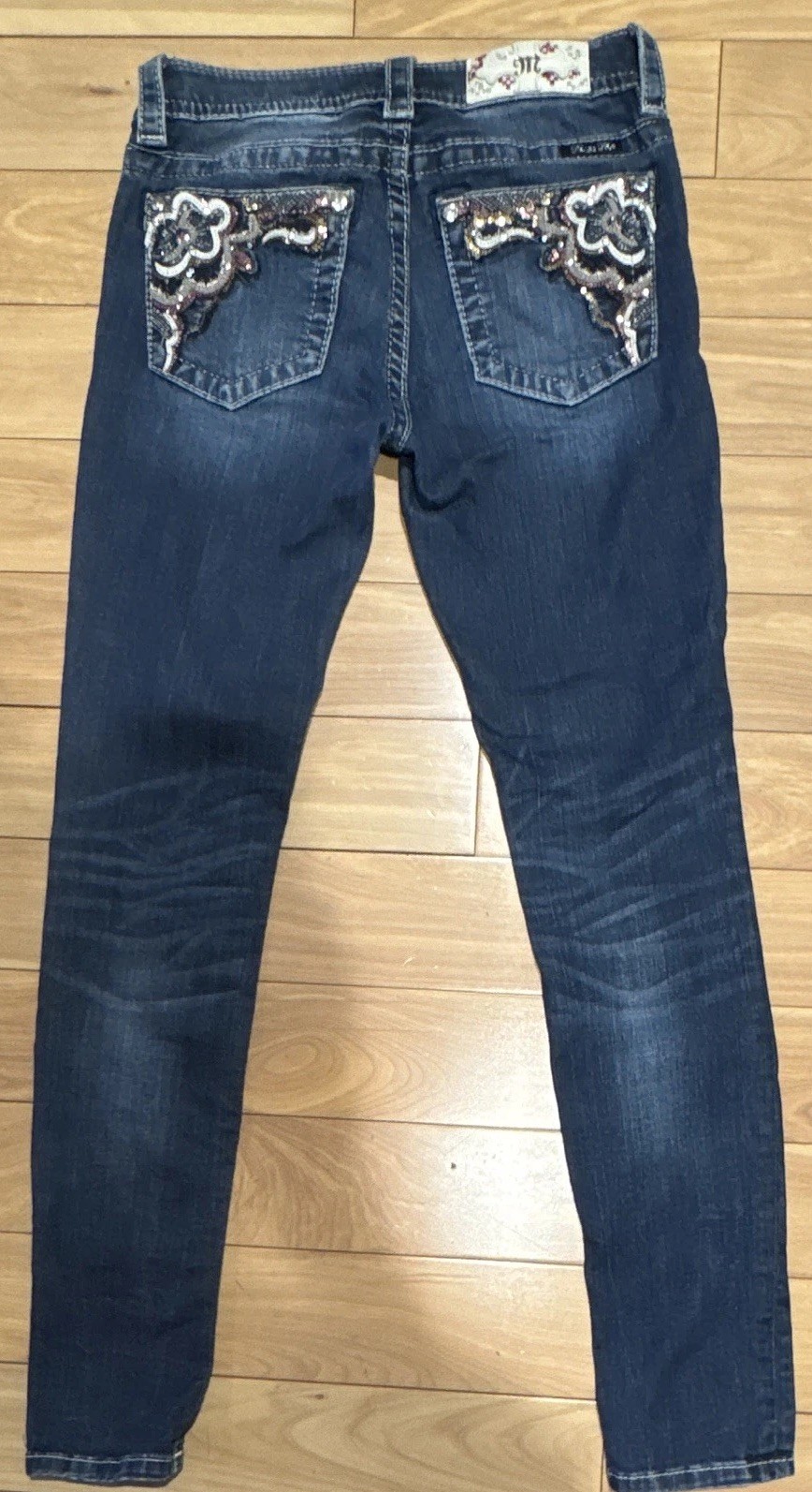 Miss Me Women’s Skinny Jeans Dark Wash Blue Stretch Mid Rise 5-Pocket Bling