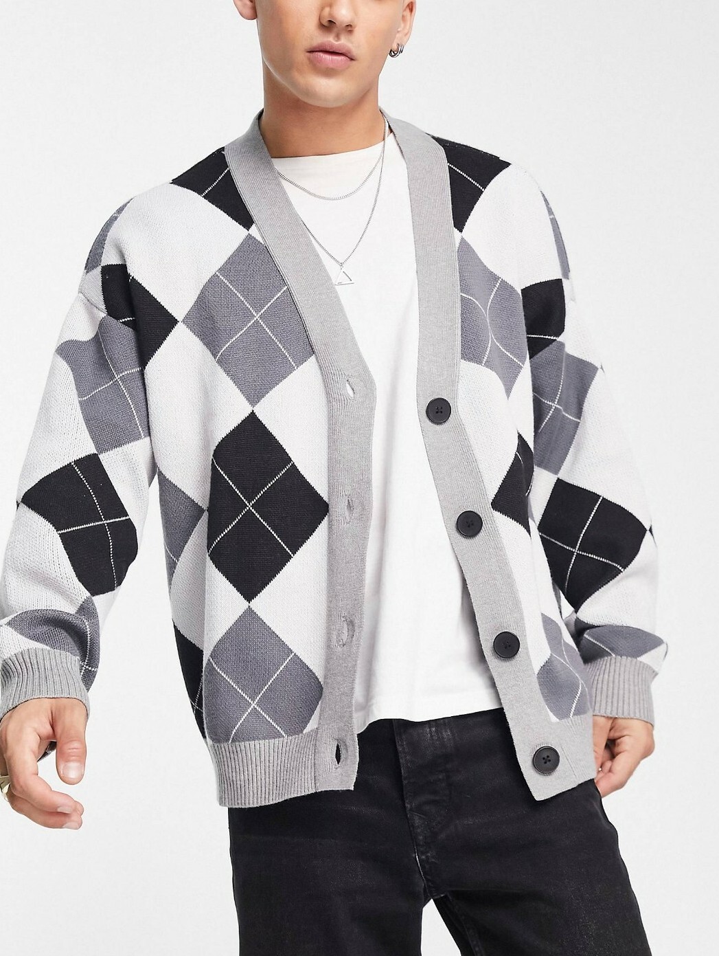 Bershka Argyle Cardigan Black White Charcoal Grey Mens Sweater Sz Small ASOS NWT