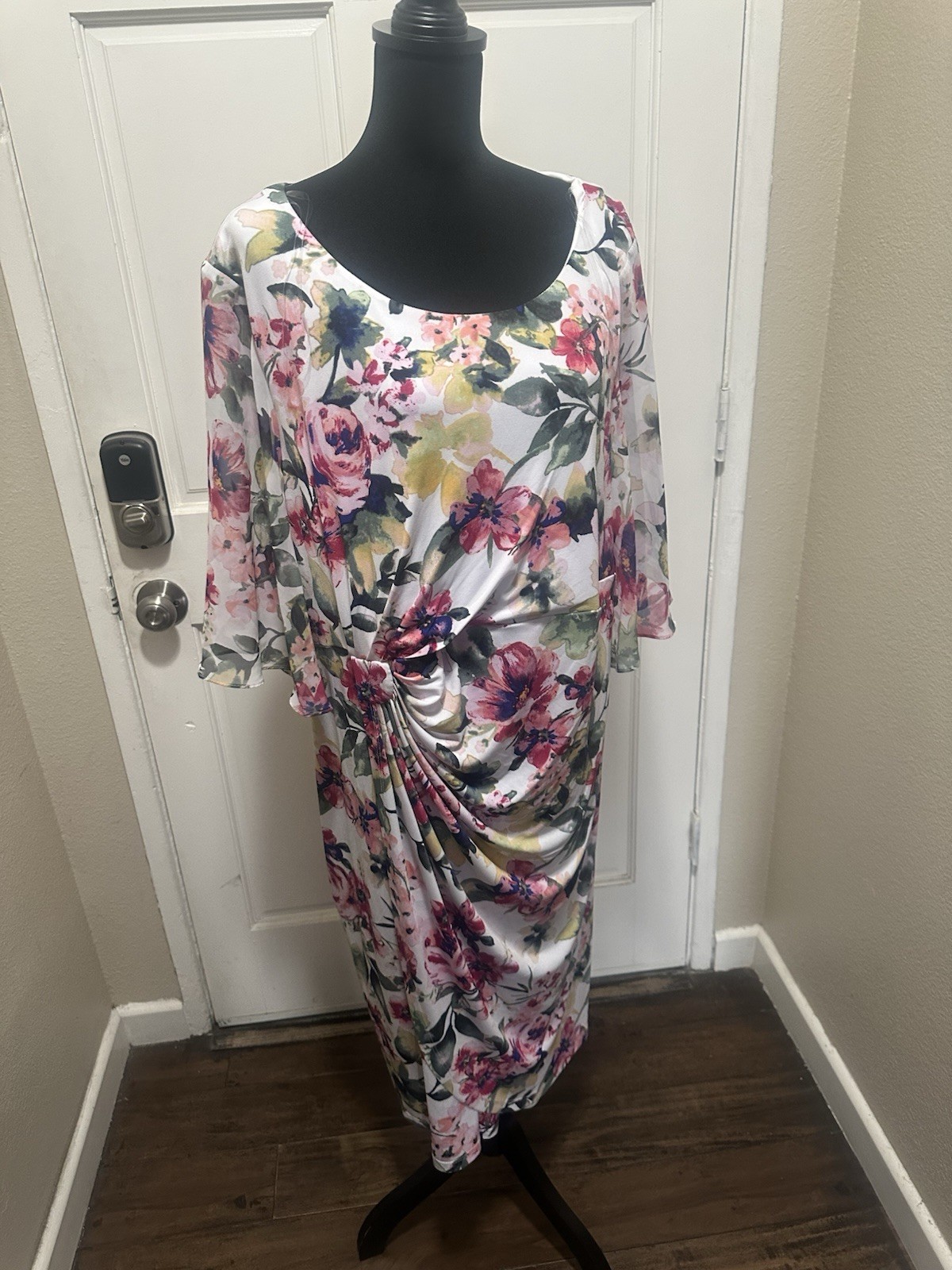 Connected Apparel Floral Ruched Scoop Neck Sheath Midi Dress 3/4 Bell Sleeve 24W