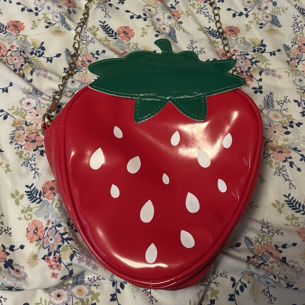 Strawberry Fruit Red Patent Crossbody Bag Zip Closure Gold Chain Strap Small