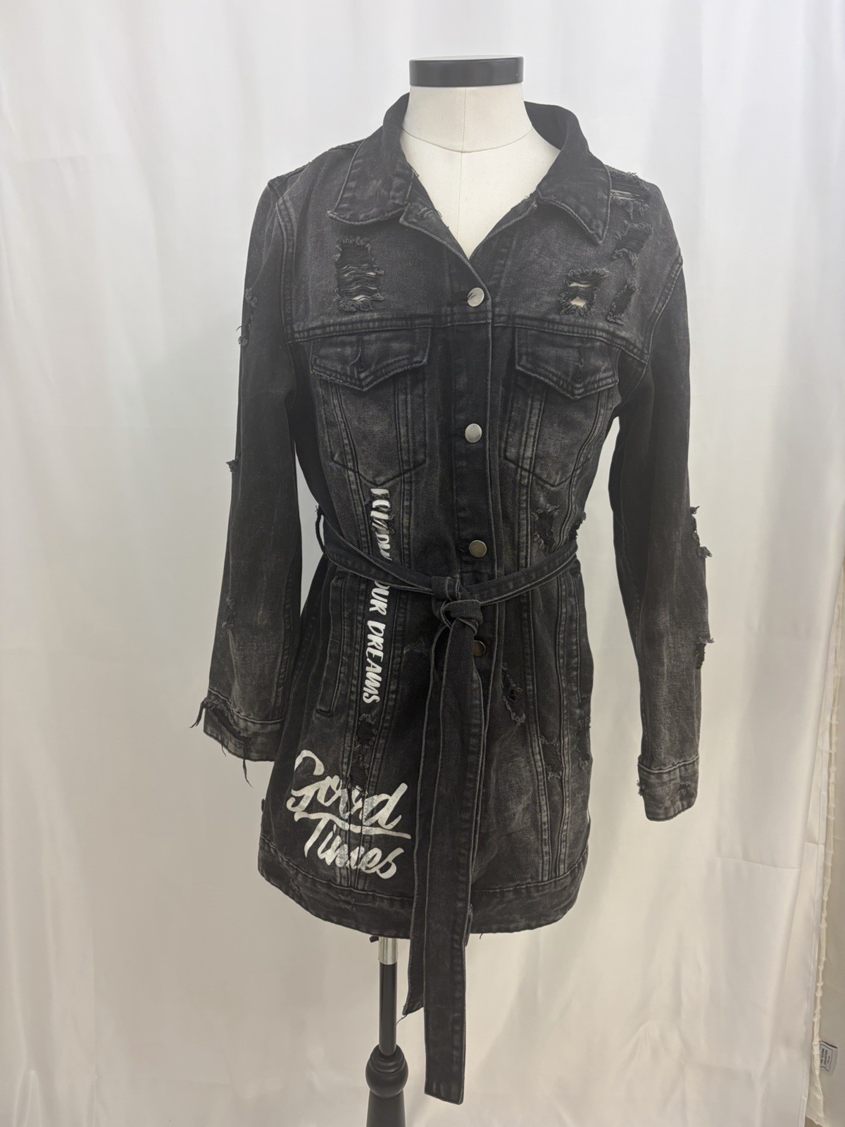 American Bazi Black Distressed Denim Jacket Dress Size M Belted Good Times