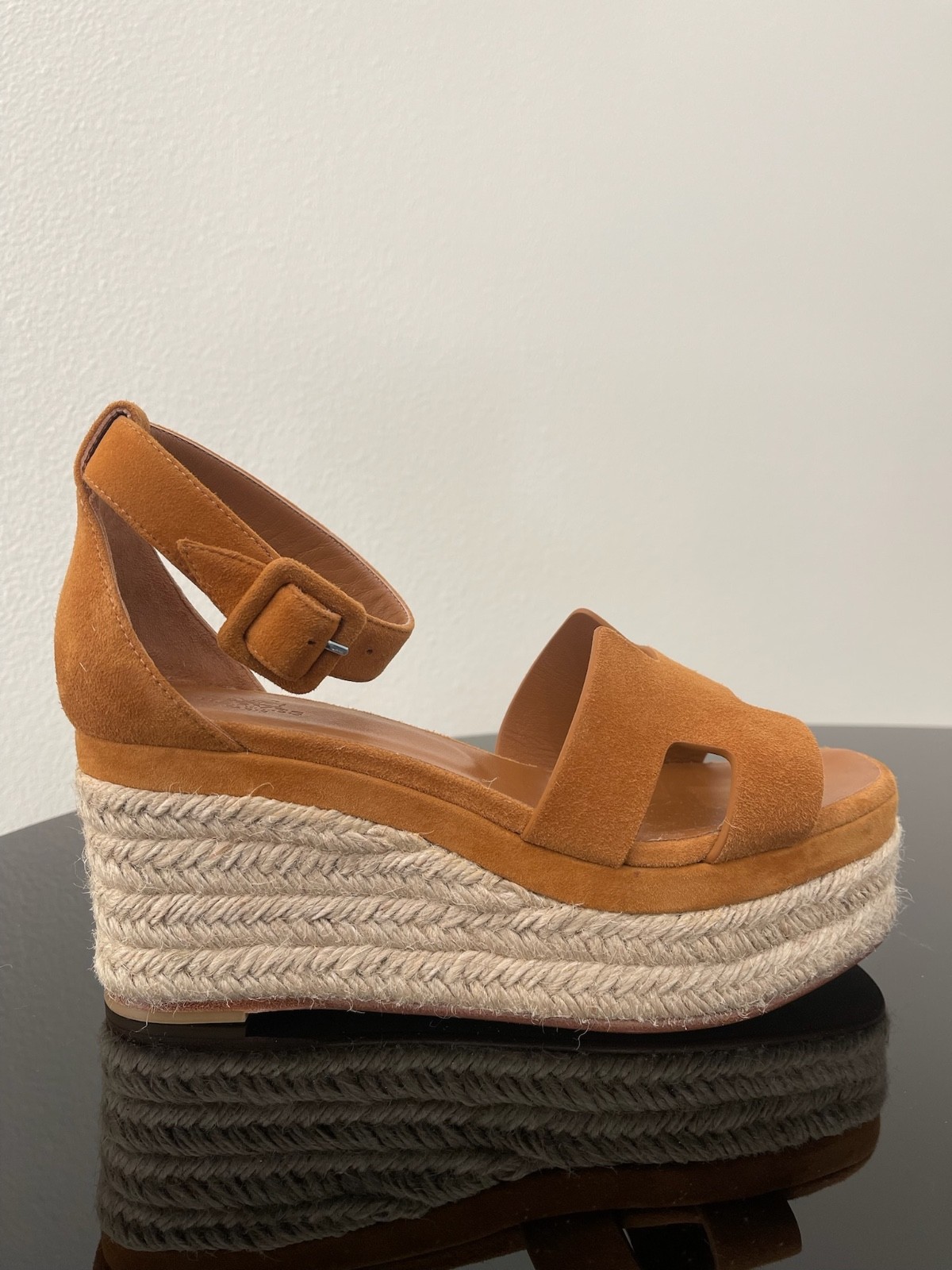 Hermès Elda Espadrille NIB Wedge Sandals Naturel Suede Goatskin Size 37 New Box