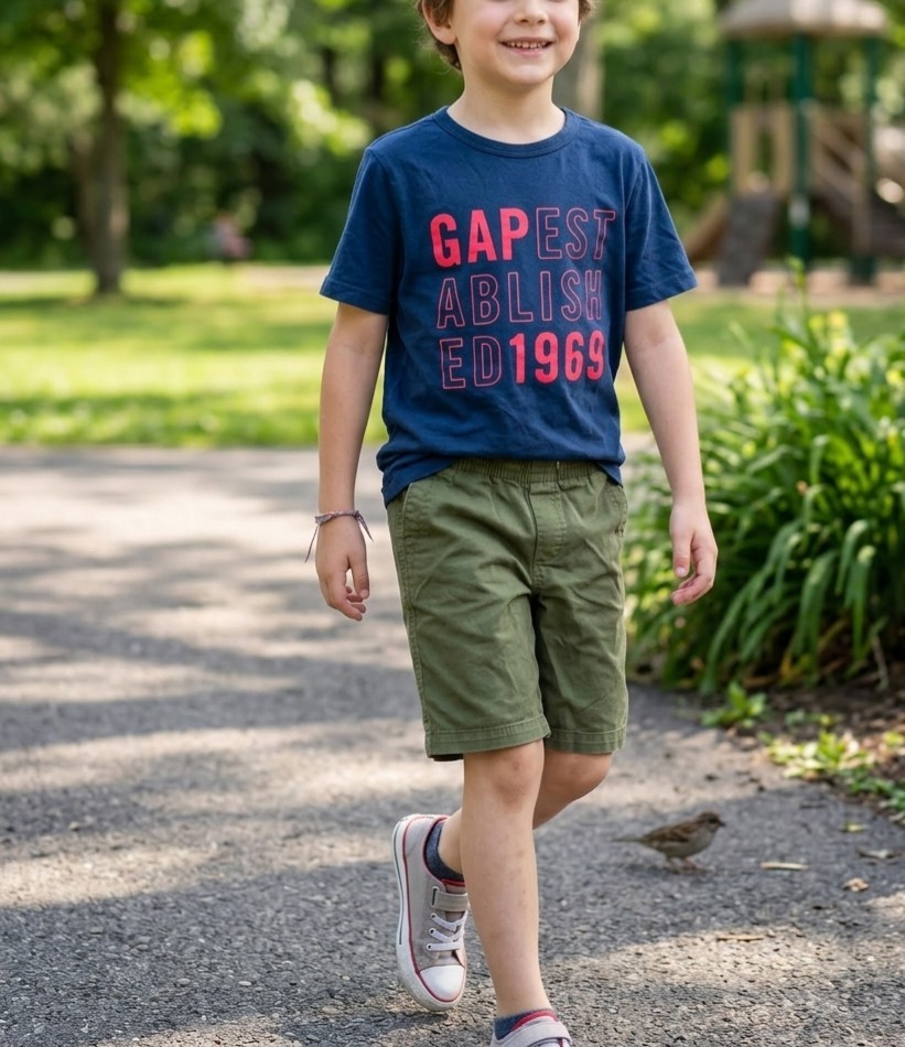 GAP Boy’s 2 Pieces Set Navy Graphic Tee Red Lettering&green Shorts Size 10/12