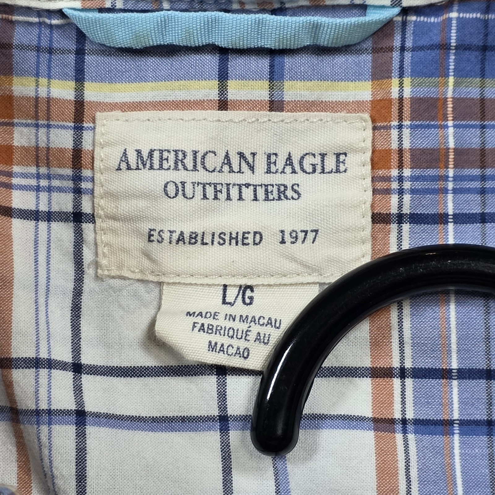 American Eagle Outfitters Men’s L Plaid Cotton Button-Down Shirt Blue Pockets