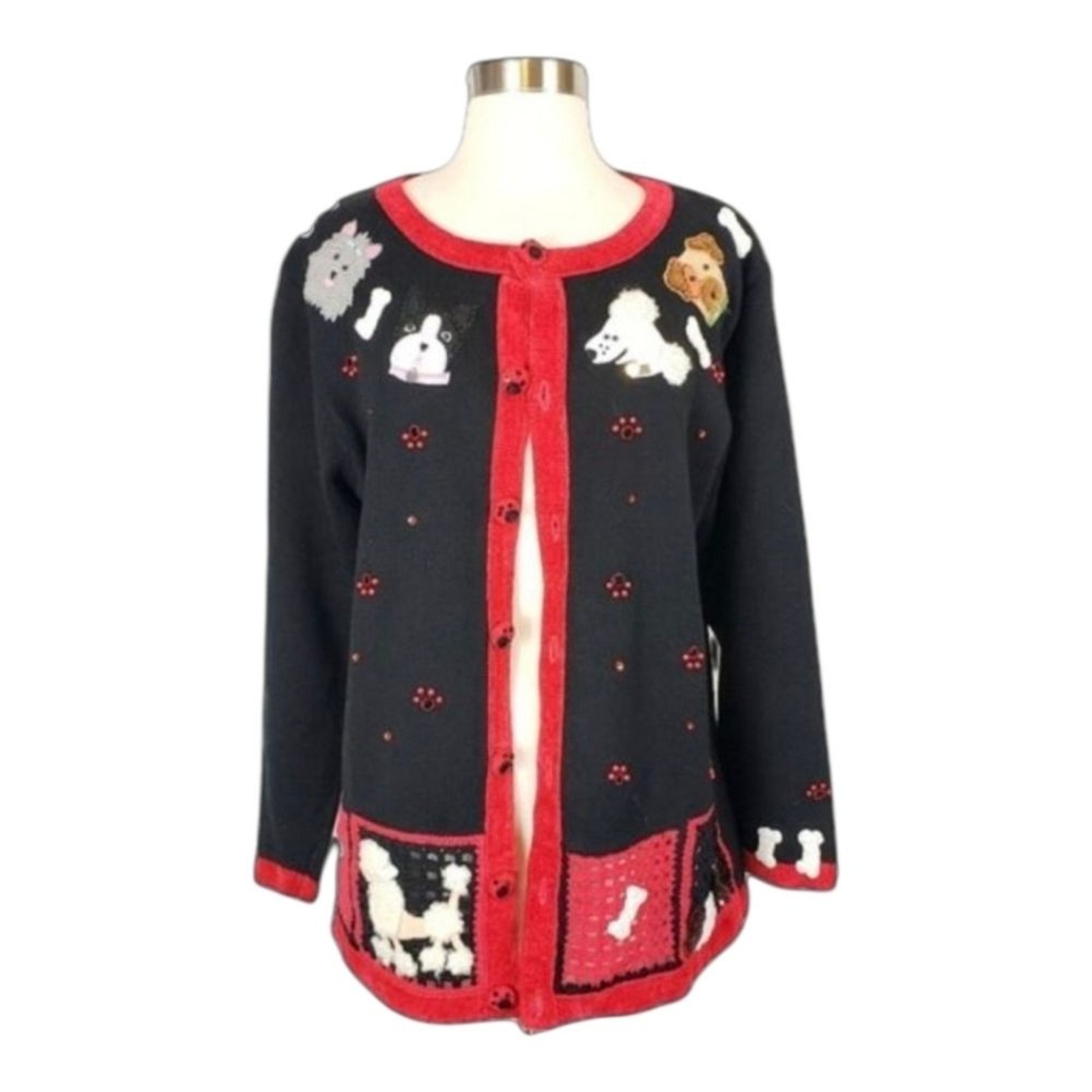Quacker Factory Vintage Dog Lovers Cardigan Sweater Poodle Shih Tzu Pit Bull Ter