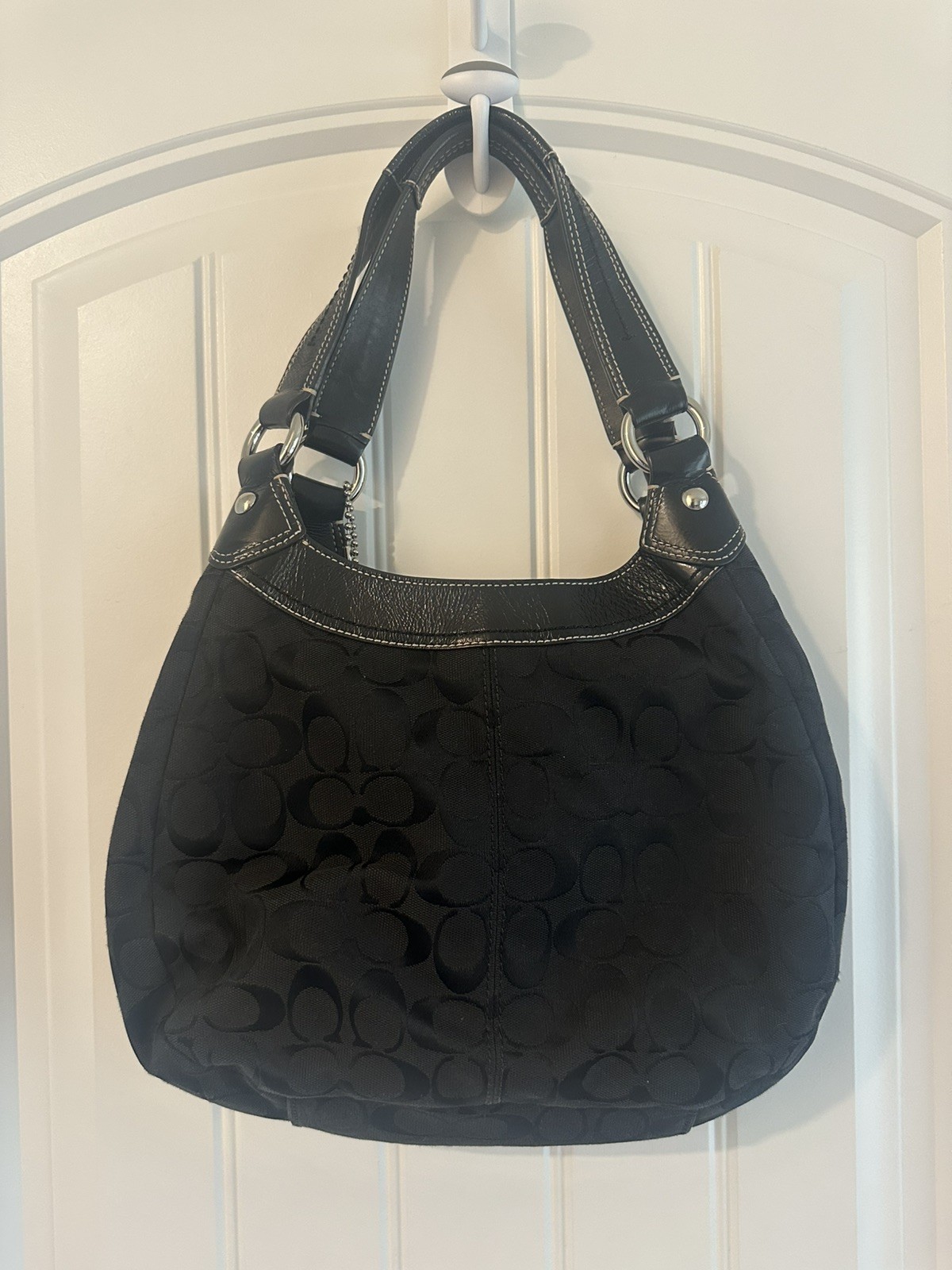 Coach Soho Lynn shoulder bag, black signature jacquard fabric black leather trim