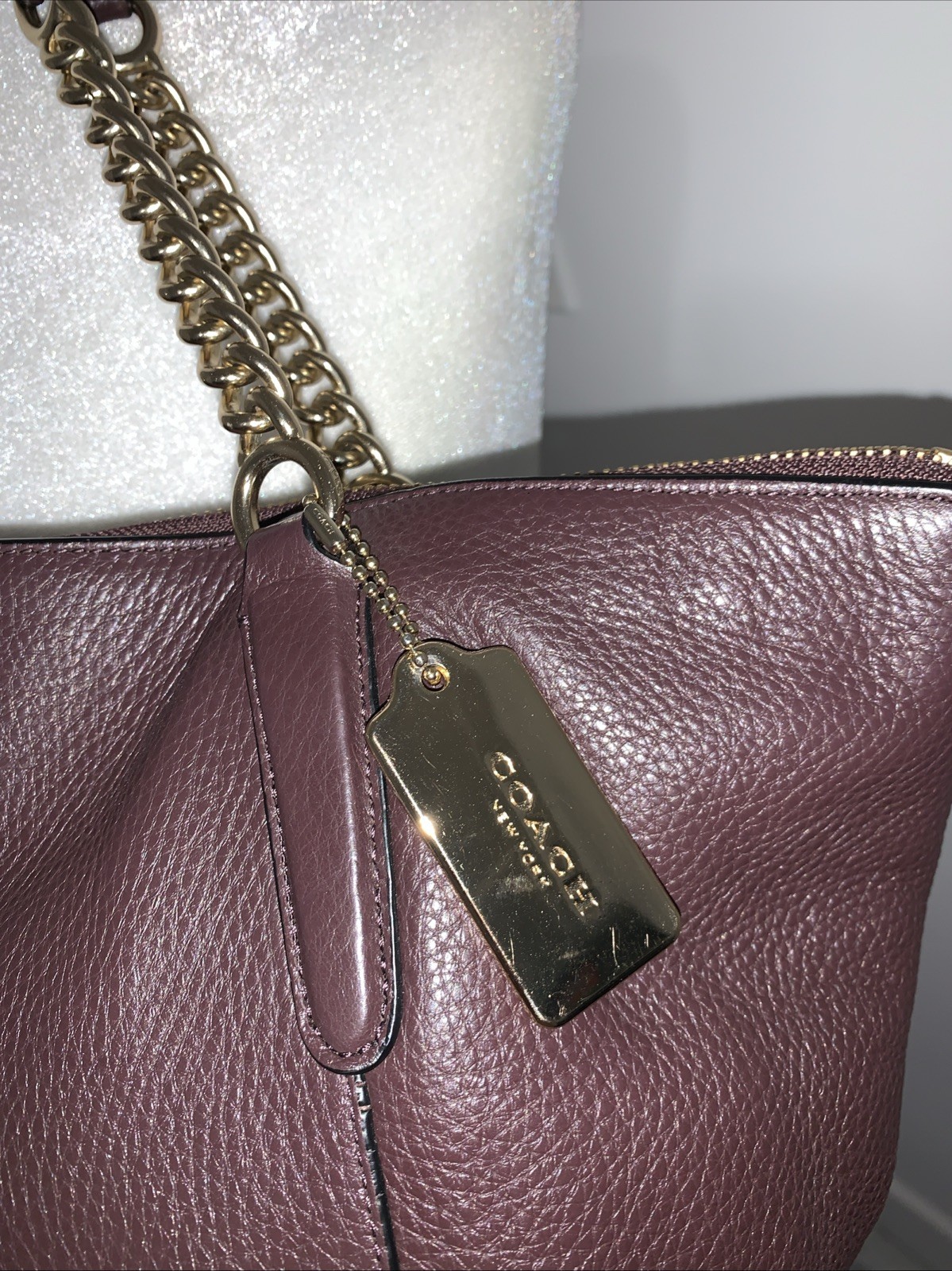 COACH Ava Rare Brown Pebbled Leather Chain Tote Large Rich Soft Luxury Leather