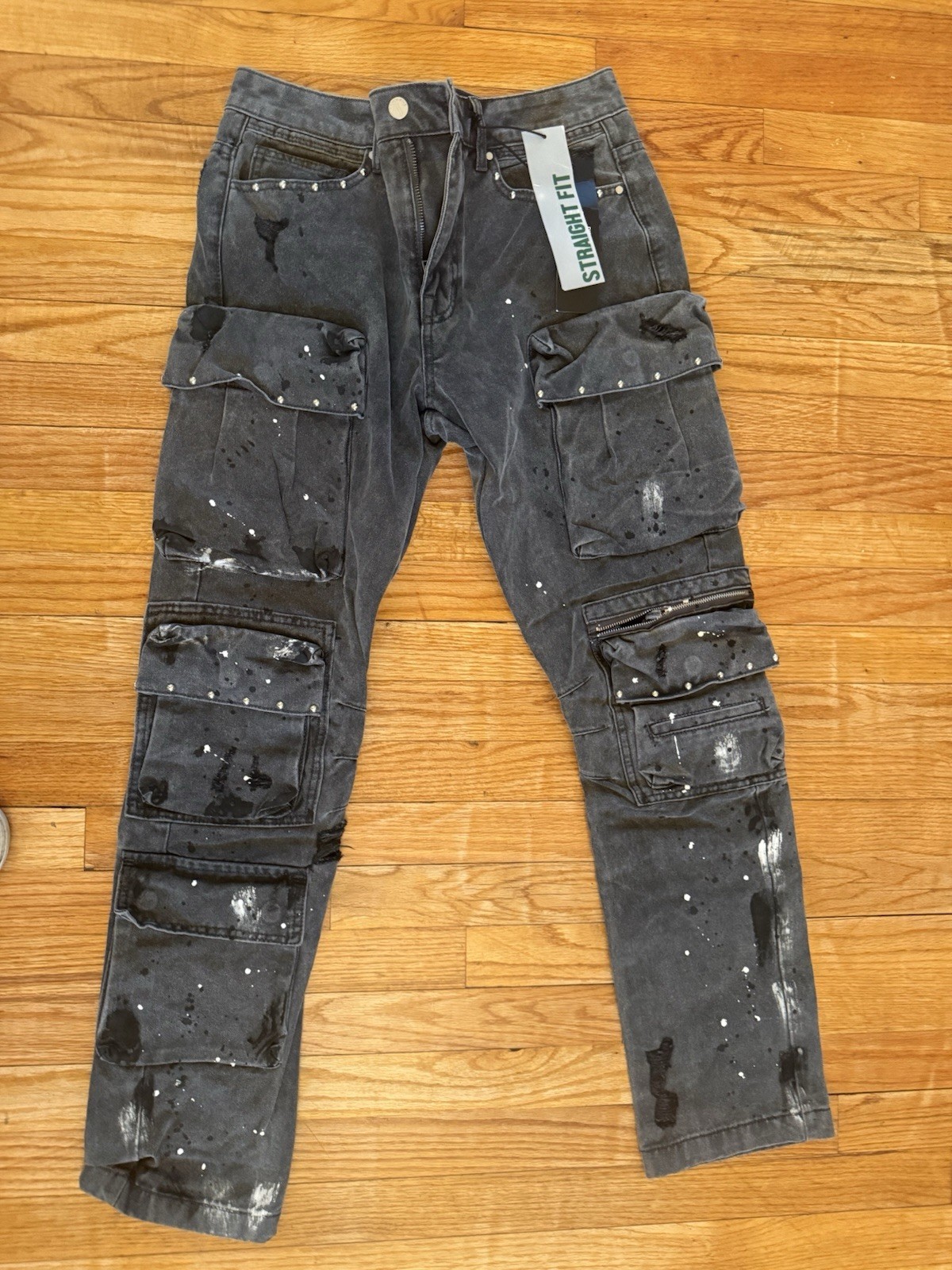 First Row Acid Wash Gray Straight Fit Cargo Jeans Distressed Paint Splatter Men