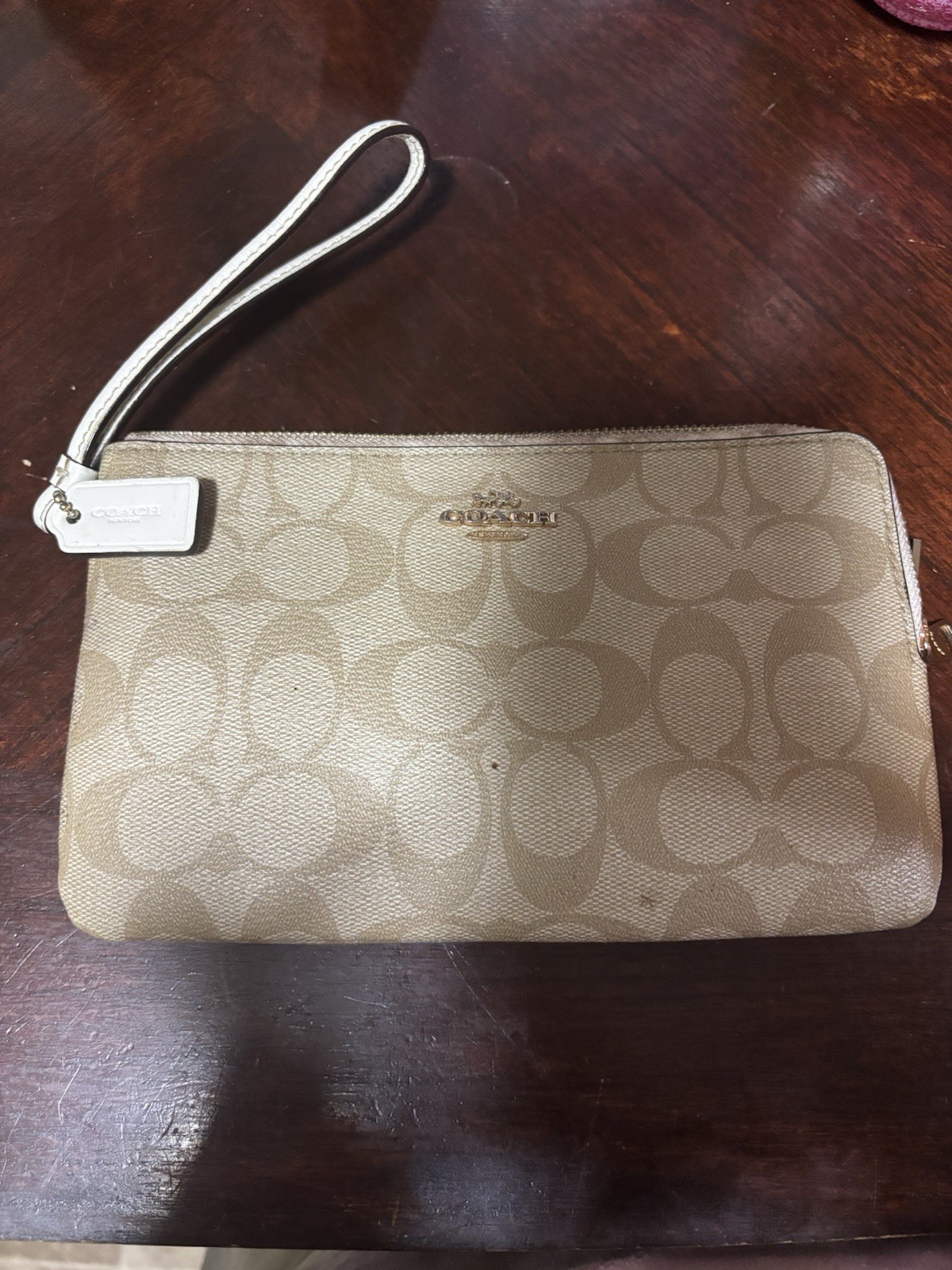 Coach Beige Signature Logo Wristlet Wallet Zip Top with Wrist Strap