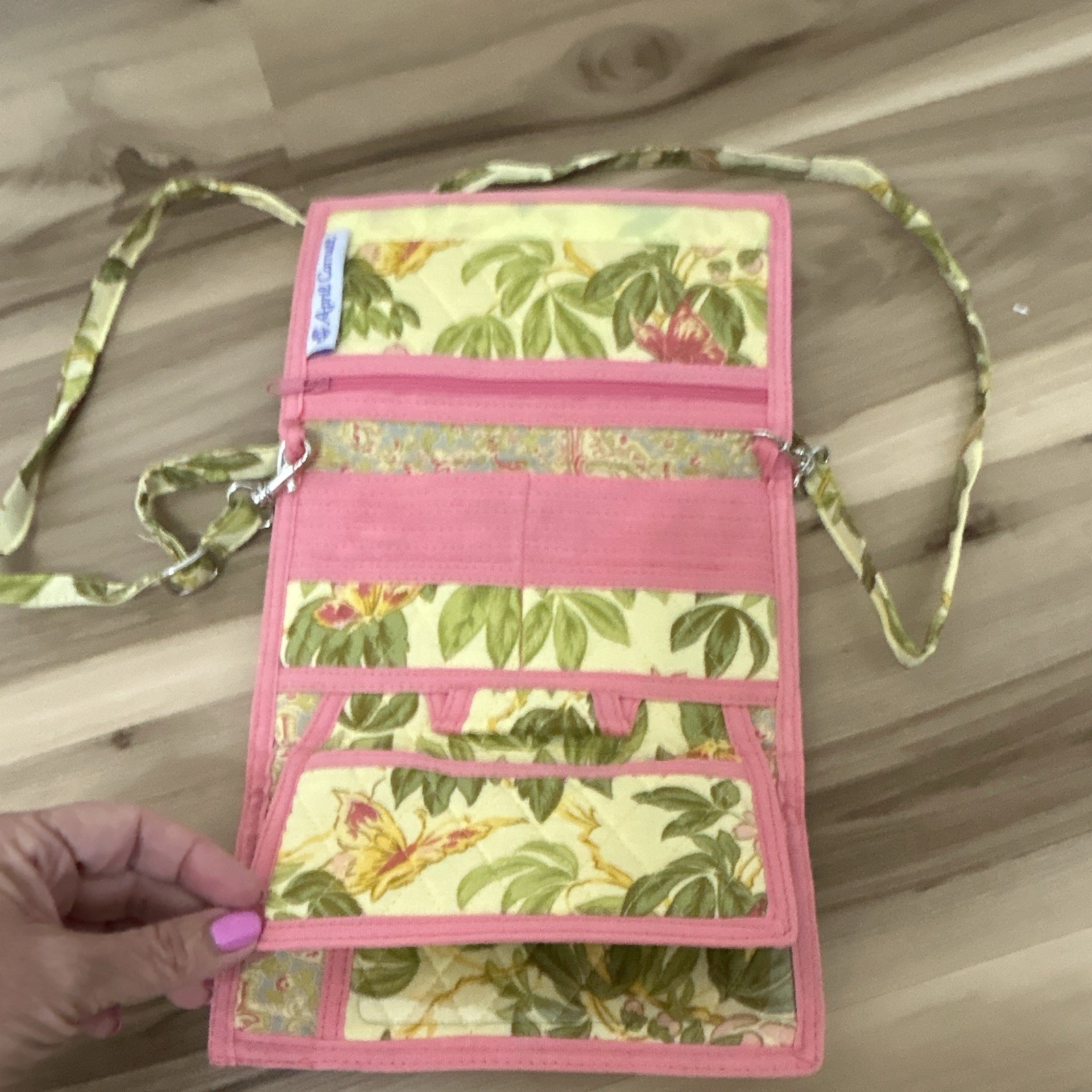 Aprile Cornaz Floral Wallet Organizer w/ Strap, Zipper, Folding, Pink Trim