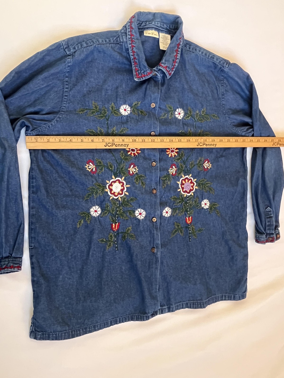 Bobbie Brooks Denim Embroidered Floral Shirt Button Up Tunic Womens XL Blue
