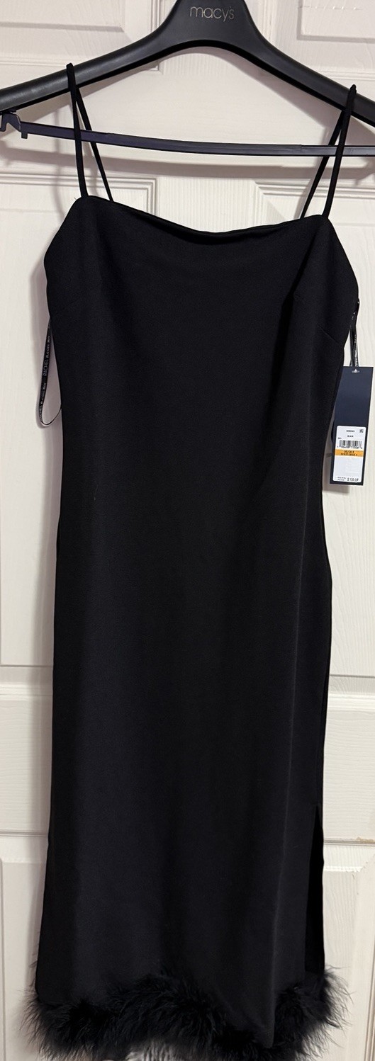 Rachel Roy Black Square Neck Spaghetti Strap Feather Hem Sheath Midi Dress S
