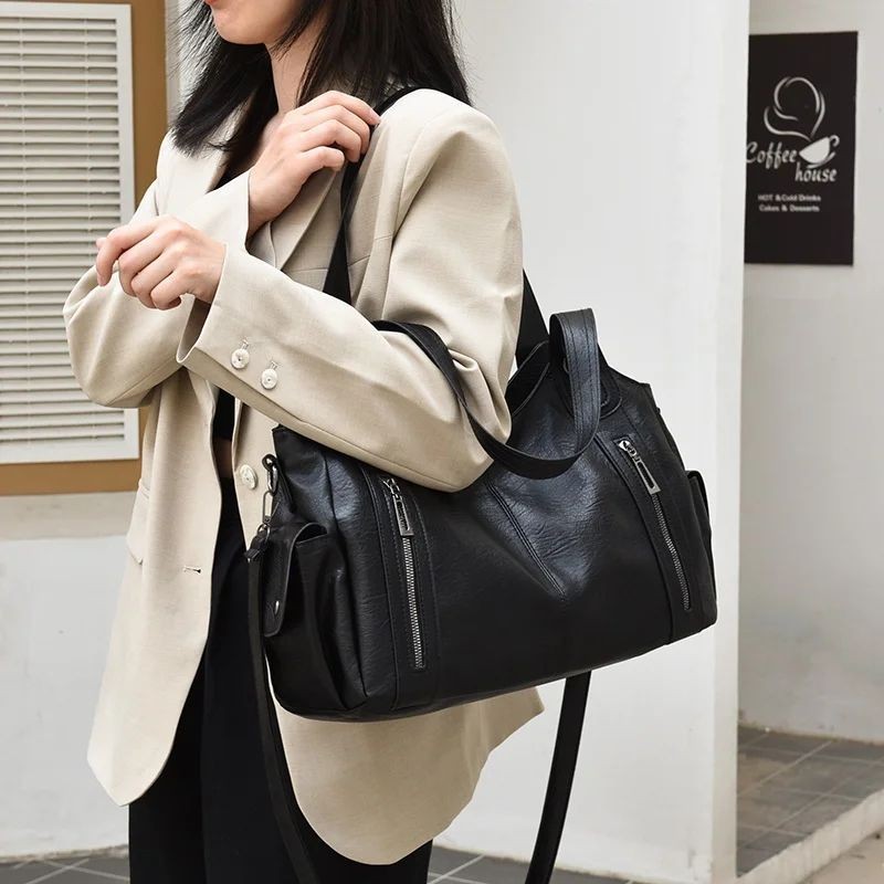 Women’s PU Leather Shoulder Bag Large Capacity Zipper Tote Handbag Casual