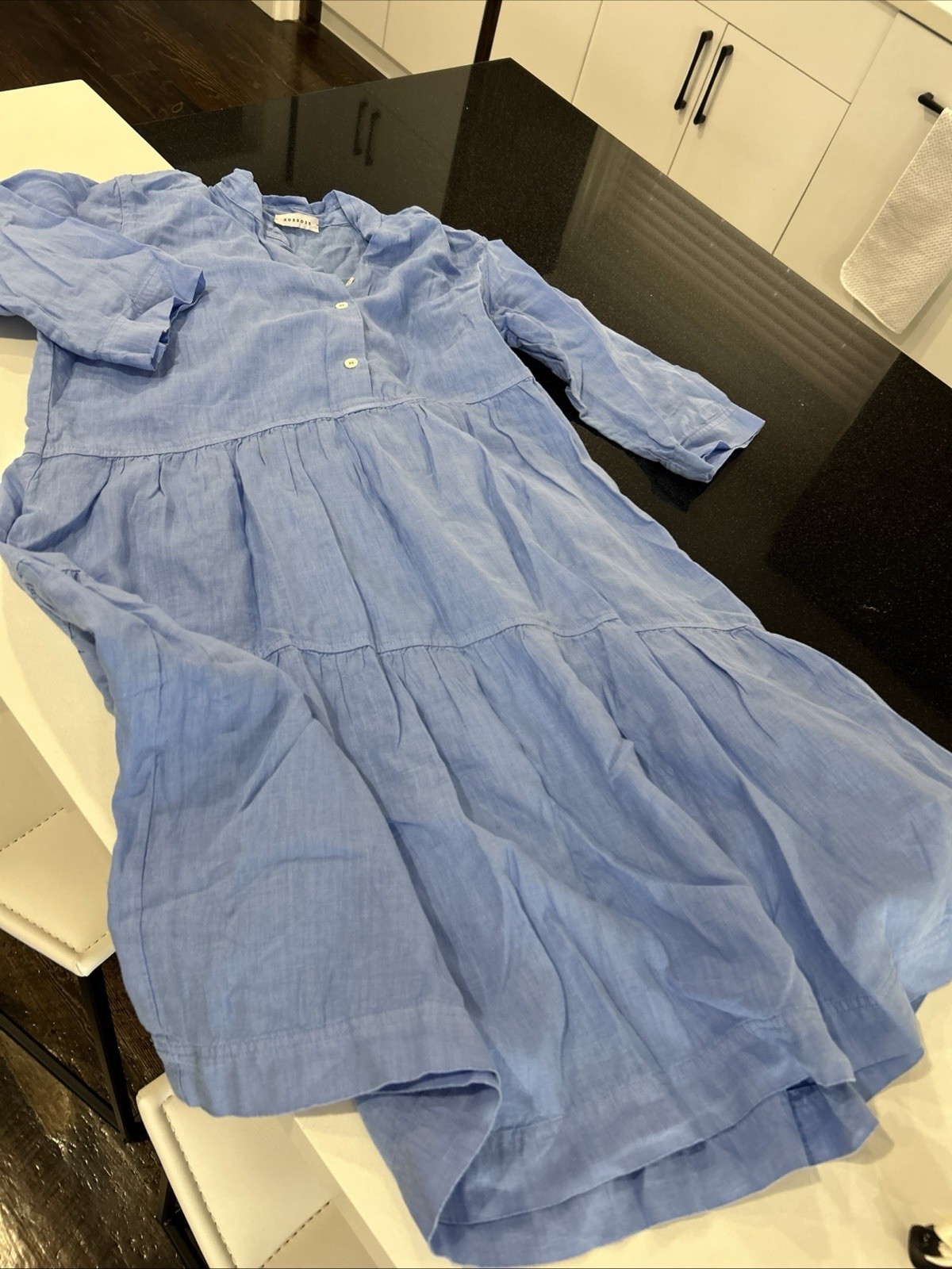 ROSSO35 Sky Blue Empire Linen Dress, tiered knee length, Size IT 44