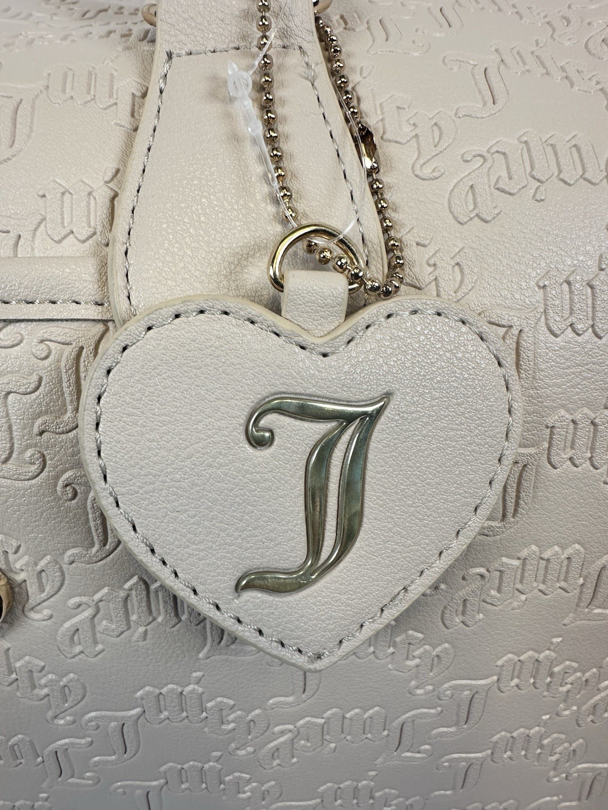 Juicy Couture Cream Embossed Monogram Duffle Bag Rhinestone J Charm NWT