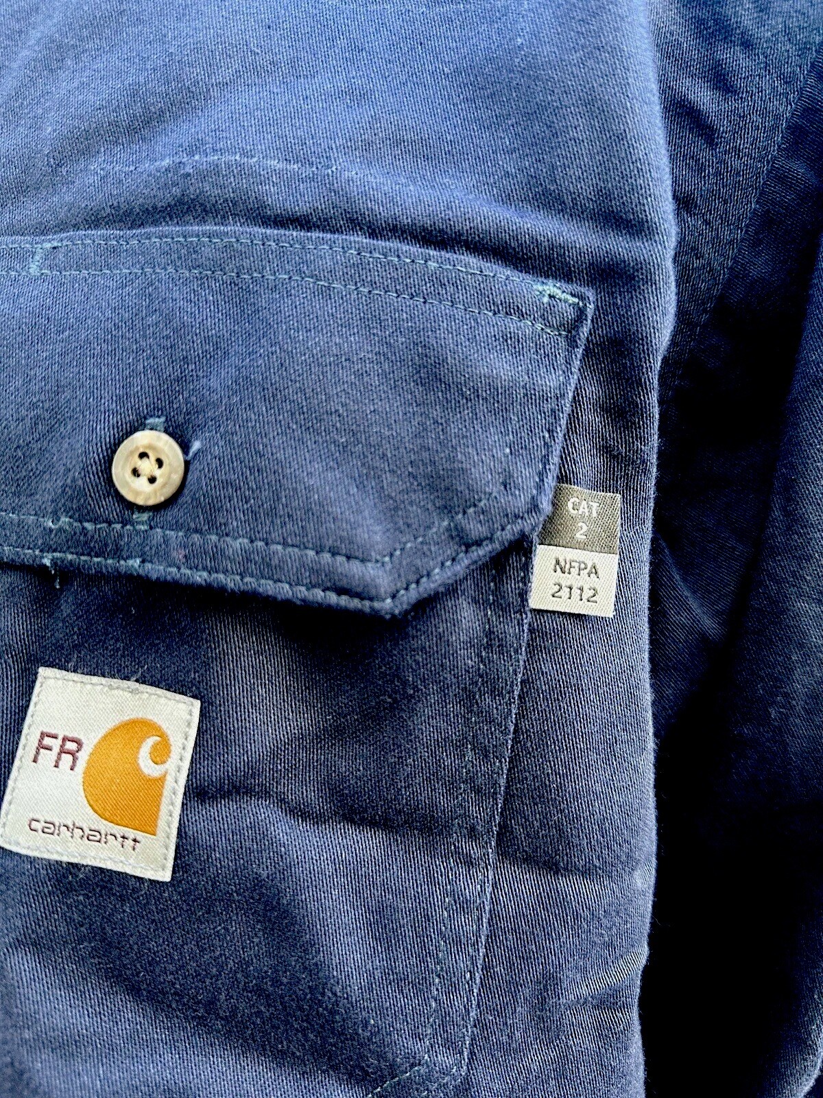 2 Carhartt FR Button Down Navy Blue Cotton Work Shirts Large RG CAT 2 NFPA 2112