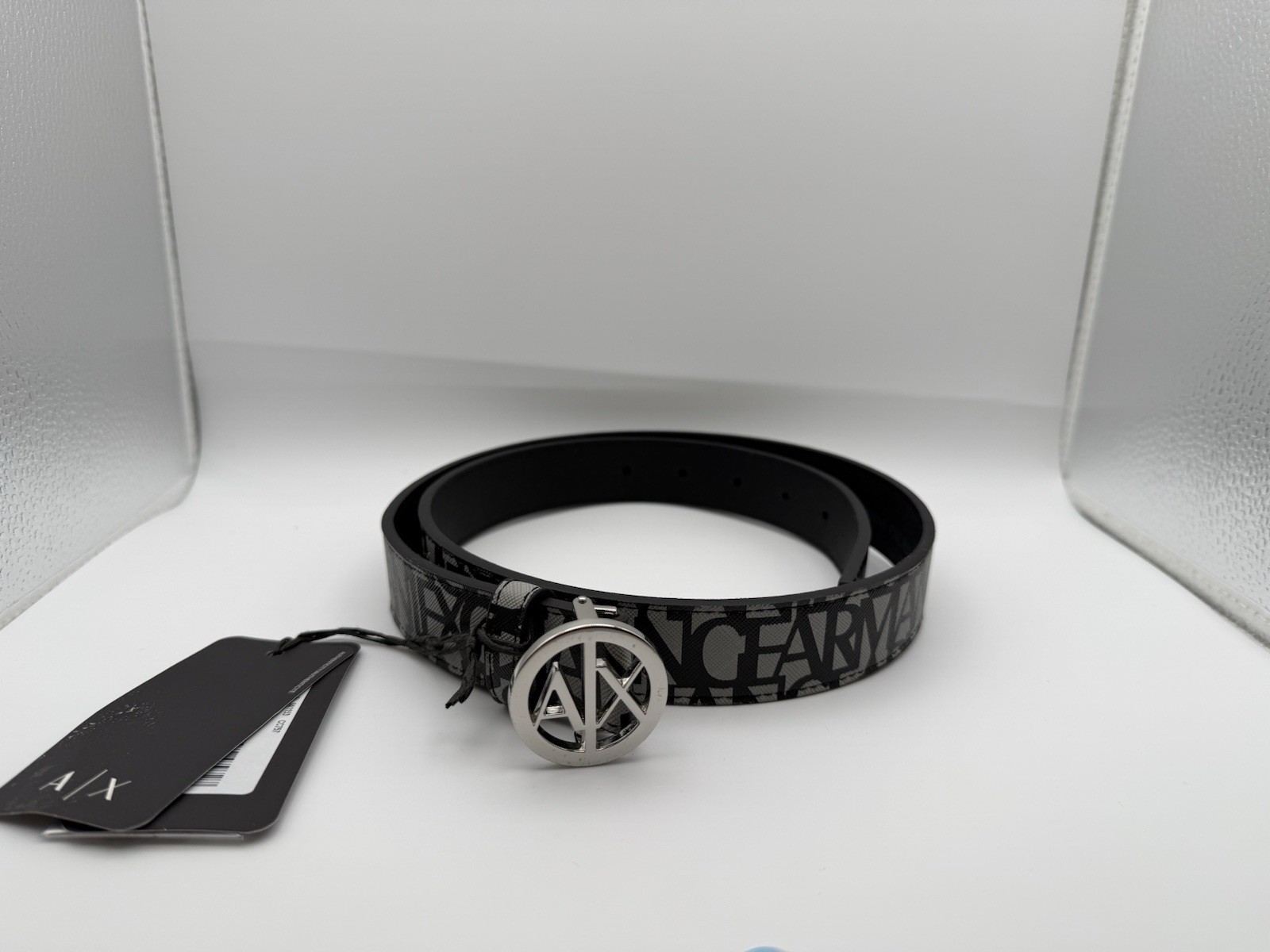 Armani Exchange Unisex Black Adjustable Logo Belt with Metal Buckle Accent