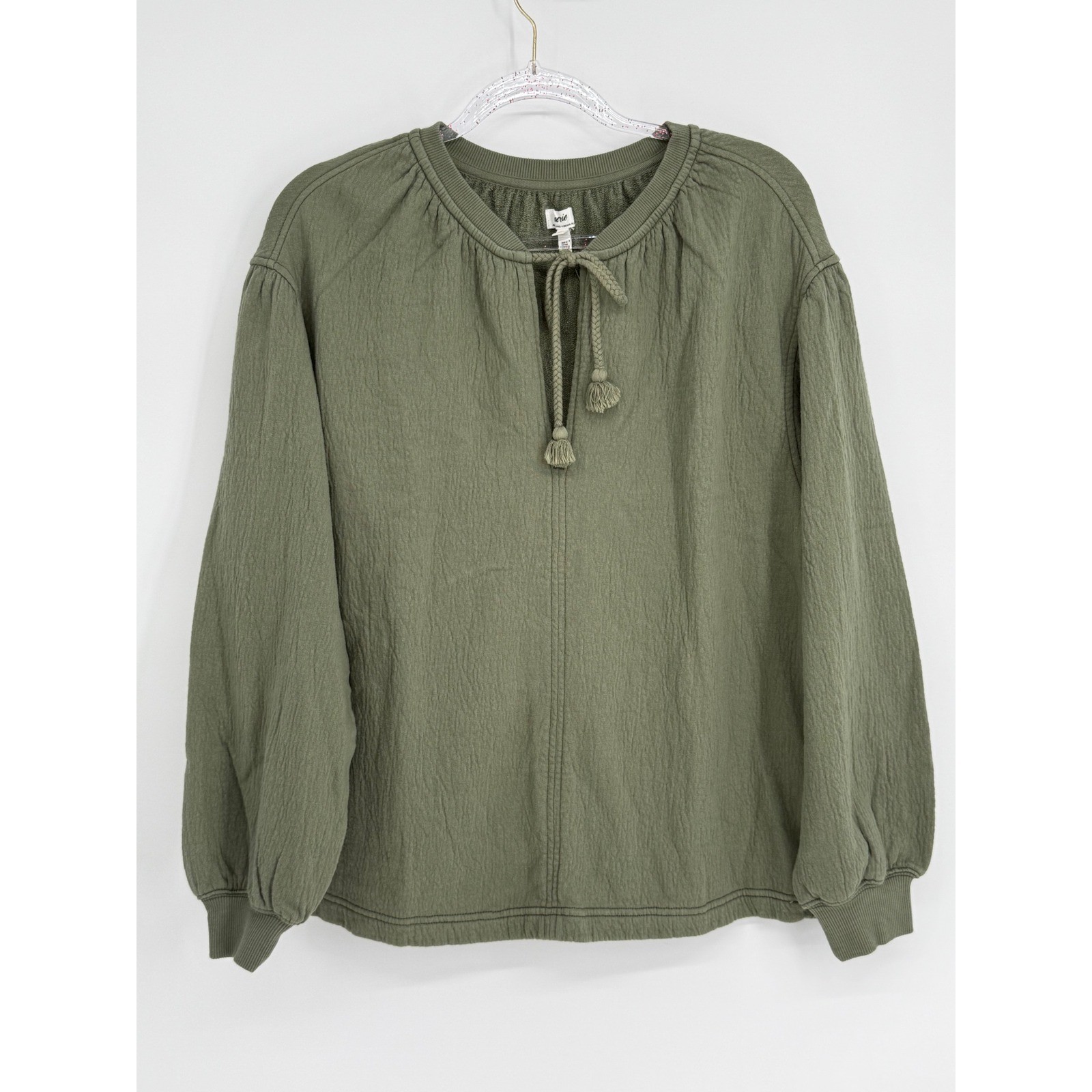 Aerie Olive Green Gauze Tassel Tie Balloon Sleeve Sweatshirt Sz XXS NEW Org $64