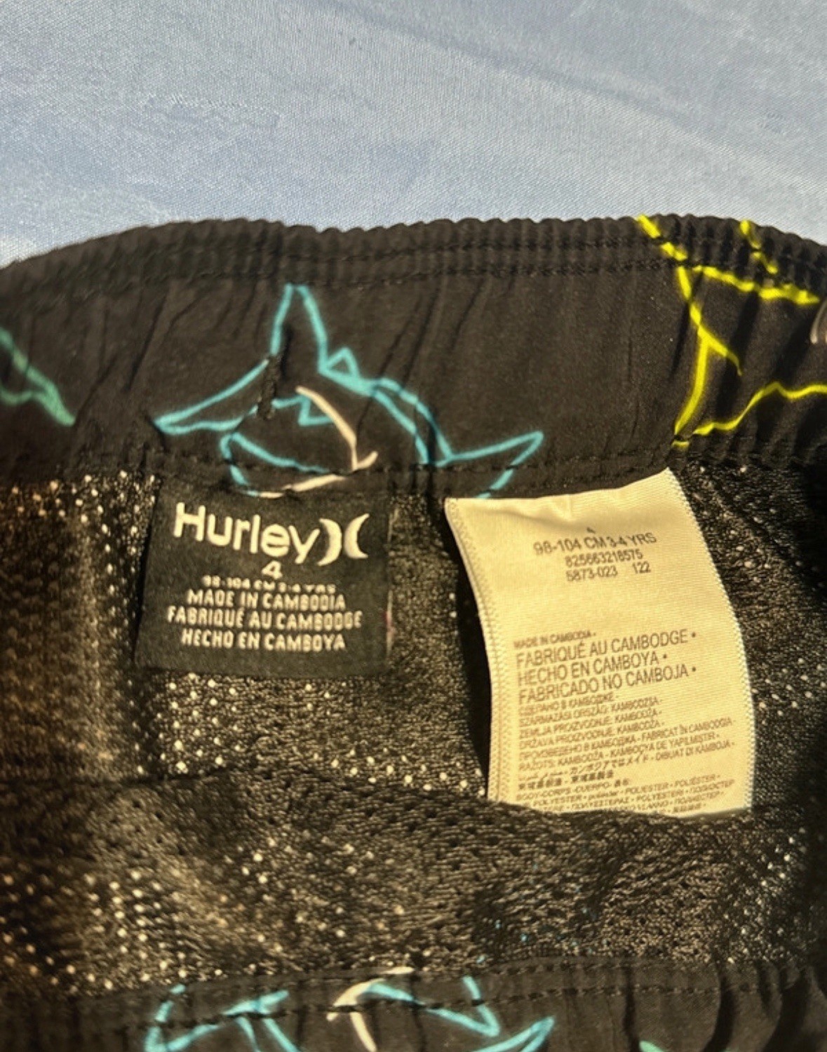 Hurley All over Neon Sharks/ Logo Black swim trunks/ board shorts boys size 4.