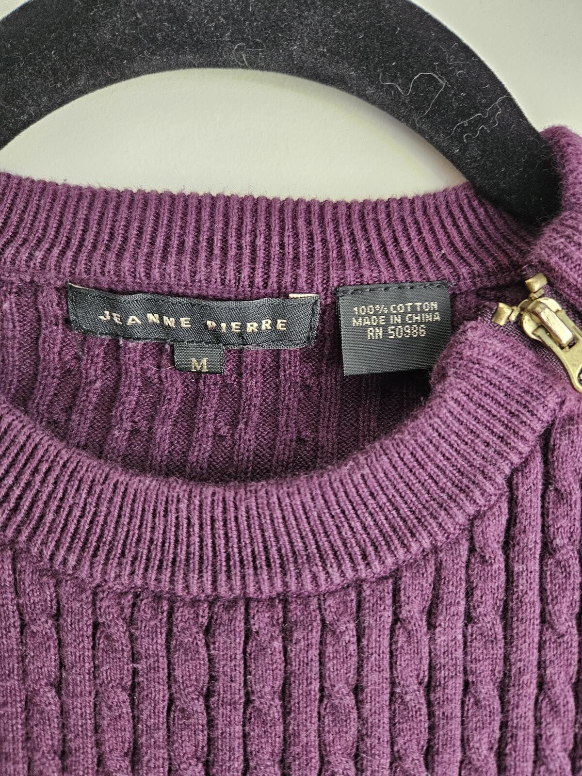 Jeanne Pierre Purple Cable Knit Cotton Sweater with Shoulder Zipper, Medium