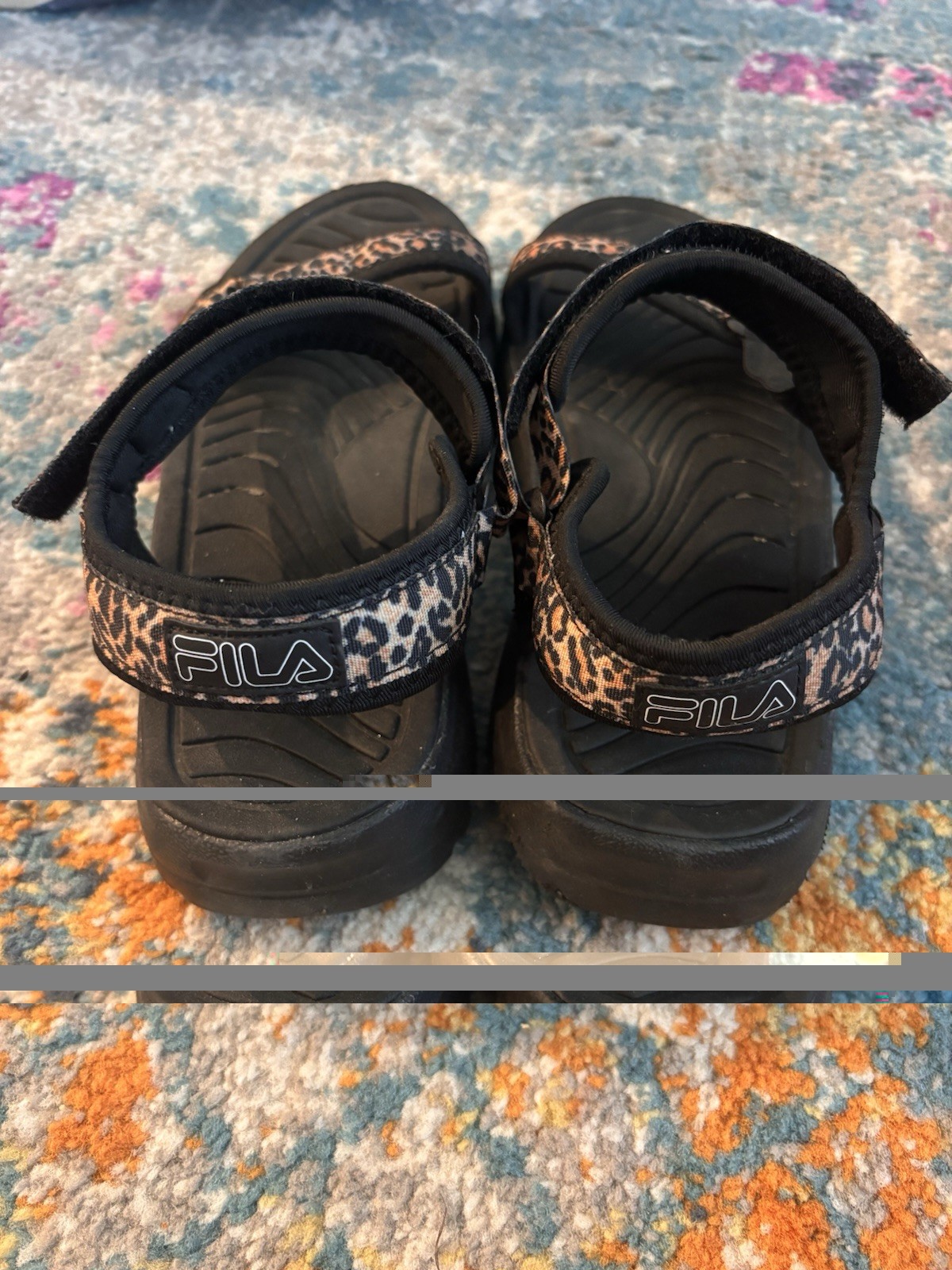 FILA Unisex Kids US 9 Black Leopard Strappy Sandals Adjustable Hook & Loop