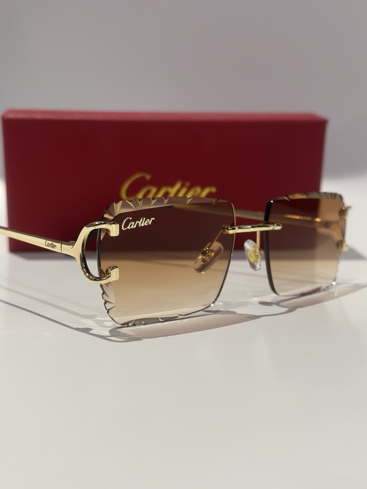 Cartier Big C Diamond Cut Brown Frameless Lens with Gold Frame