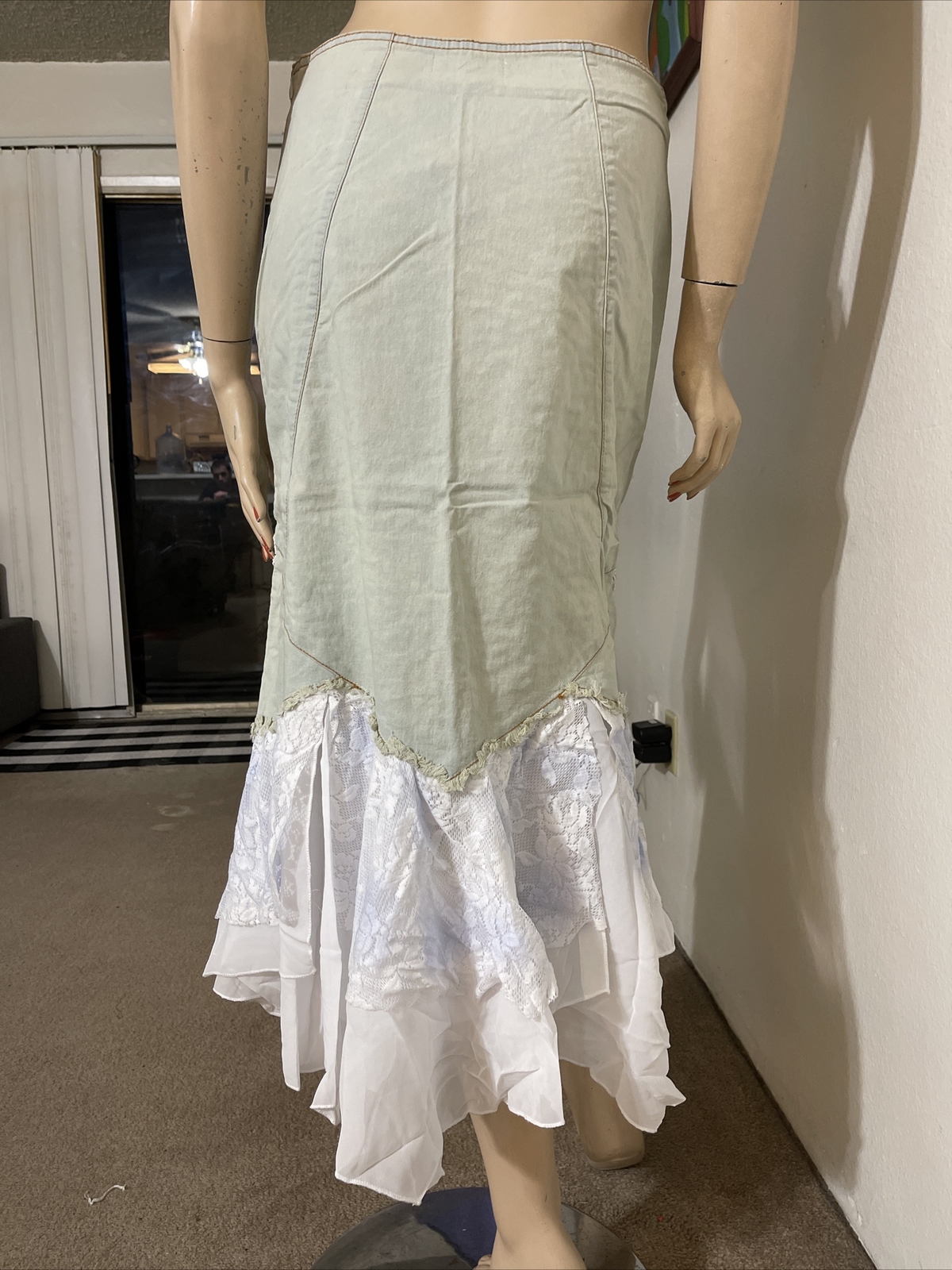 Light Blue White Denim Hippie Boho Beaded Embroidery Lace Size S(4-6) Skirt 710